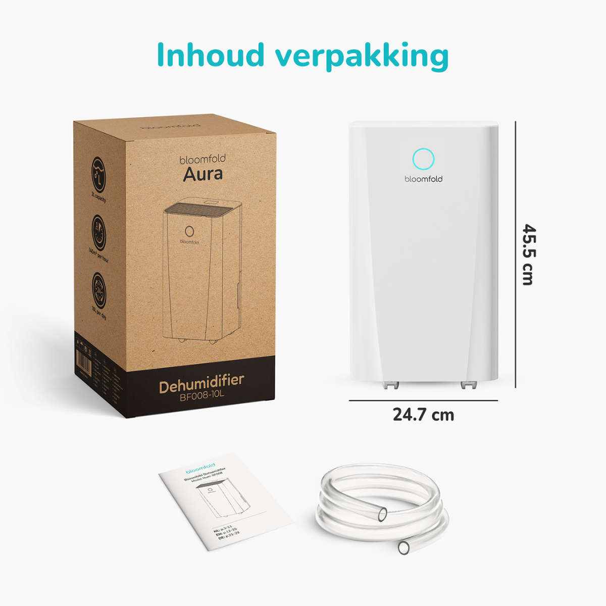 Een productdoos en een witte ontvochtiger, een slang en een handleiding op een wit oppervlak.