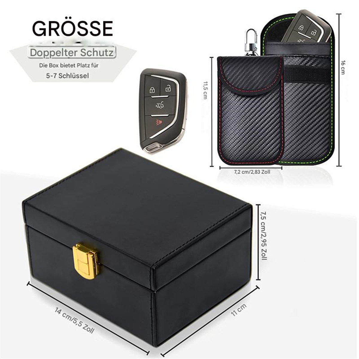 Schwarze Box mit goldenem Verschluss. Daneben ein Autoschlüssel und ein Etui mit einem Schlüssel darin.