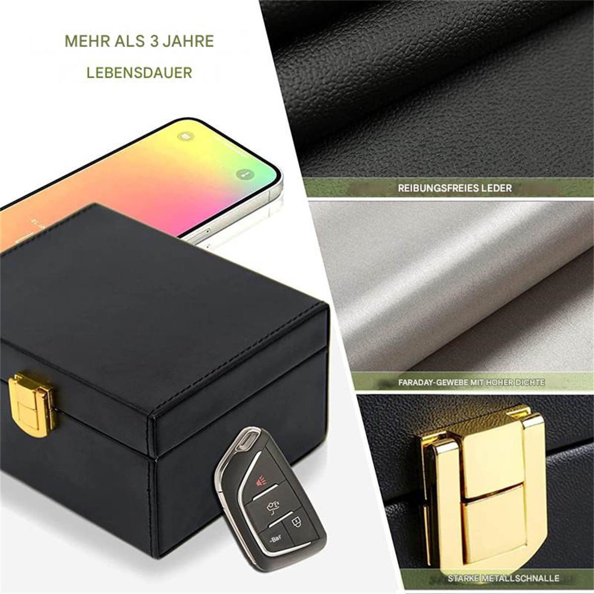 Eine schwarze Box mit goldenem Verschluss, Autoschlüssel und Nahaufnahmen von Leder- und Metallkomponenten.