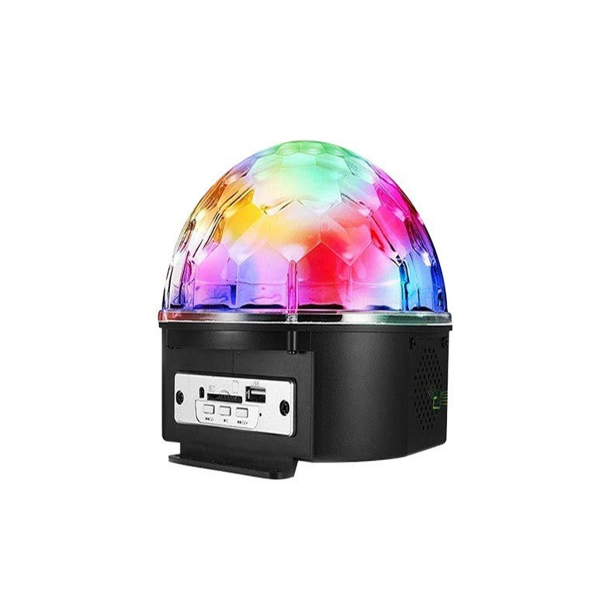 Diskokugel-Lautsprecher mit bunten Lichtern. Der Lautsprecher hat USB- und andere Anschlüsse.