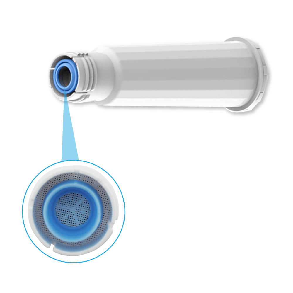 Wasserfilter, Querschnitt mit Filterschichten und Details. Weißer Hintergrund.