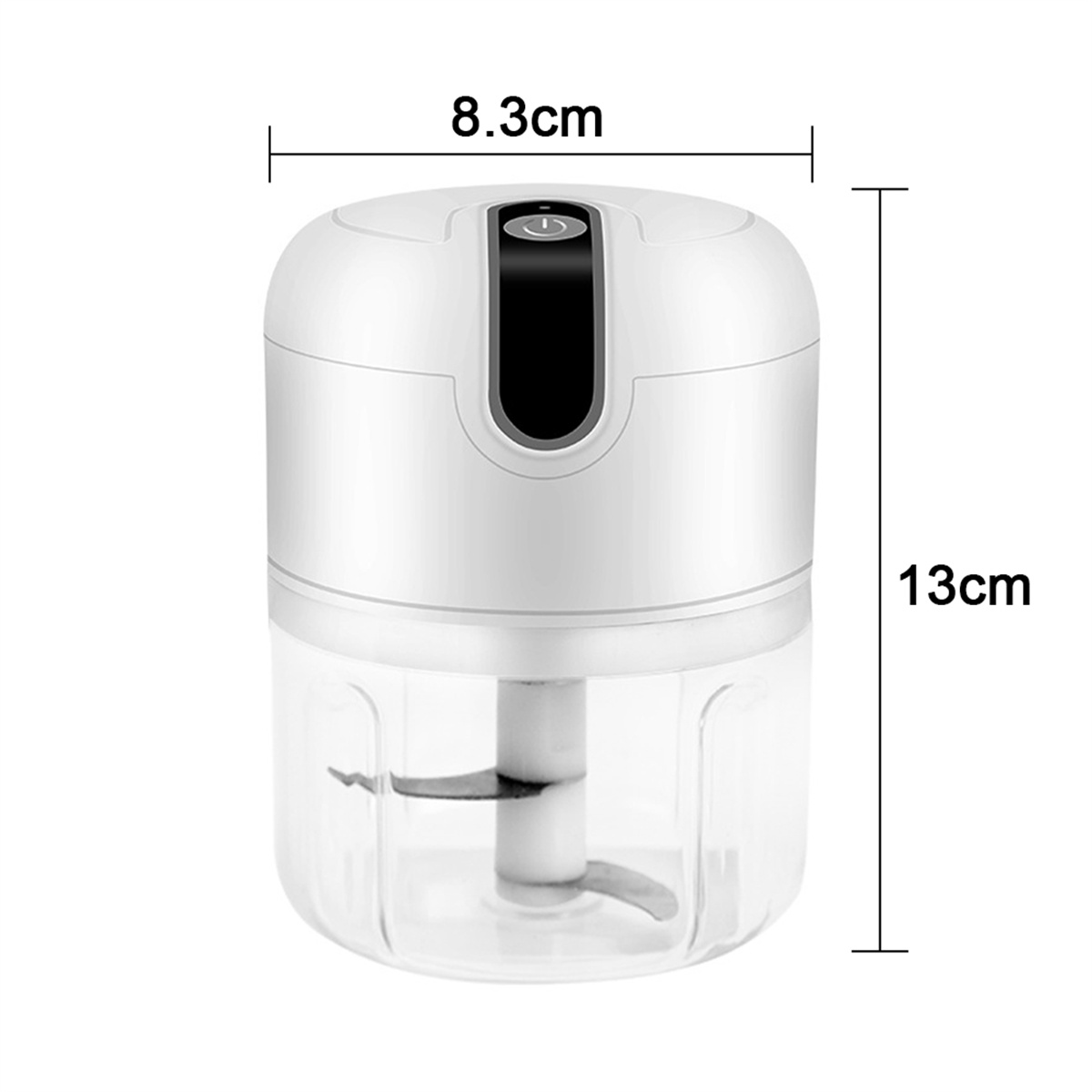 Weißer und transparenter elektrischer Zerkleinerer mit Abmessungen 8,3cm x 13cm auf weißem Hintergrund.