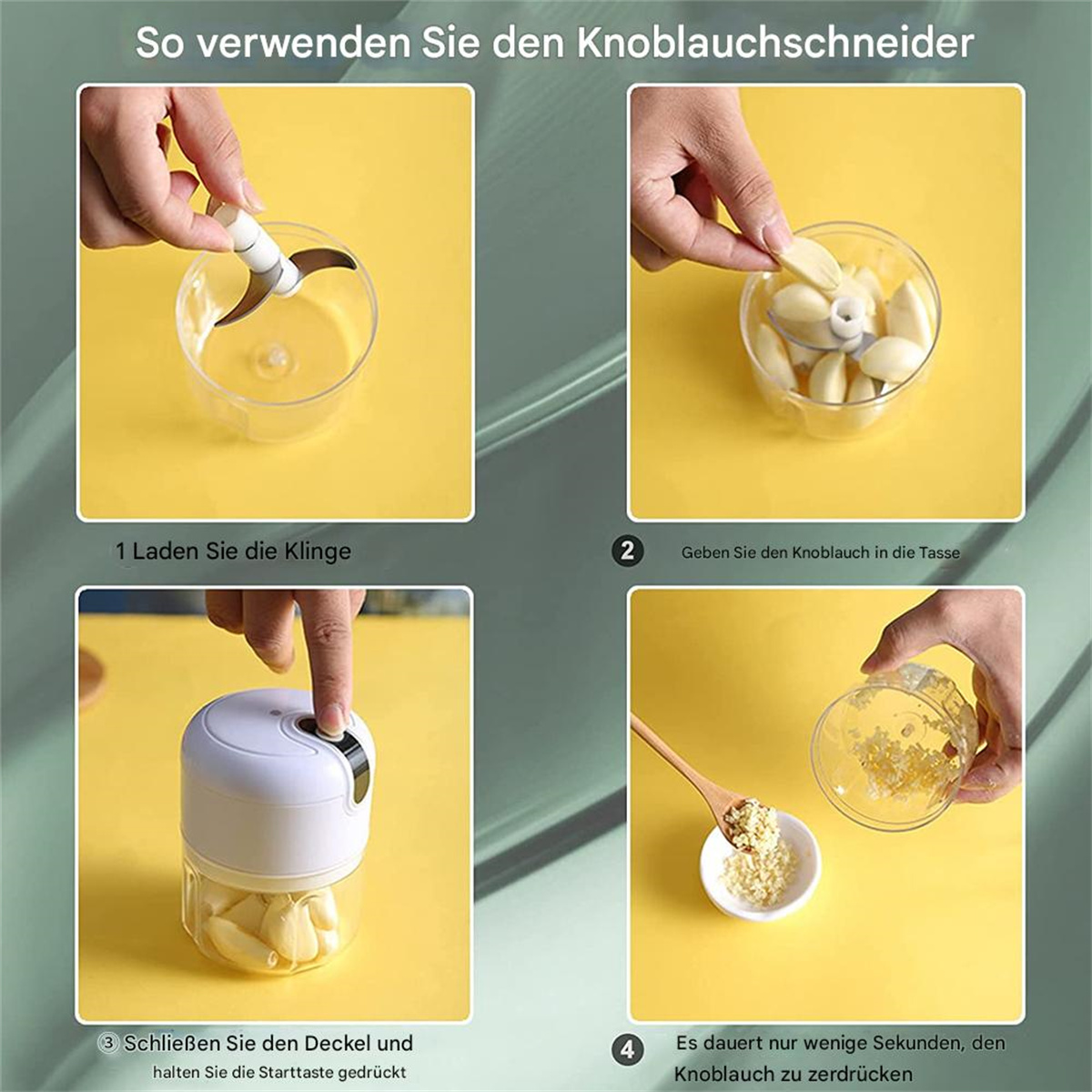 Vier Schritte: Klinge laden, Knoblauch hinzufügen, Deckel schließen und Knoblauch zerdrücken auf gelbem Hintergrund.