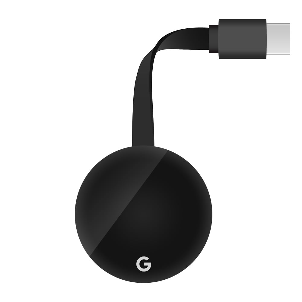 Schwarzes Google Chromecast-Gerät mit USB-C-Kabel. Das Gerät ist rund mit dem 'G'-Logo.