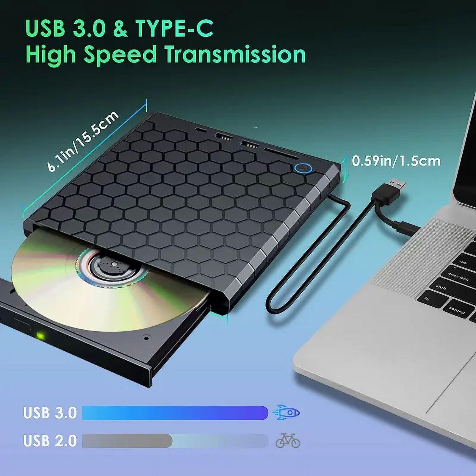 Ein schwarzes externes CD/DVD-Laufwerk mit einer Disc und einem Laptop, der über ein USB-Kabel verbunden ist.