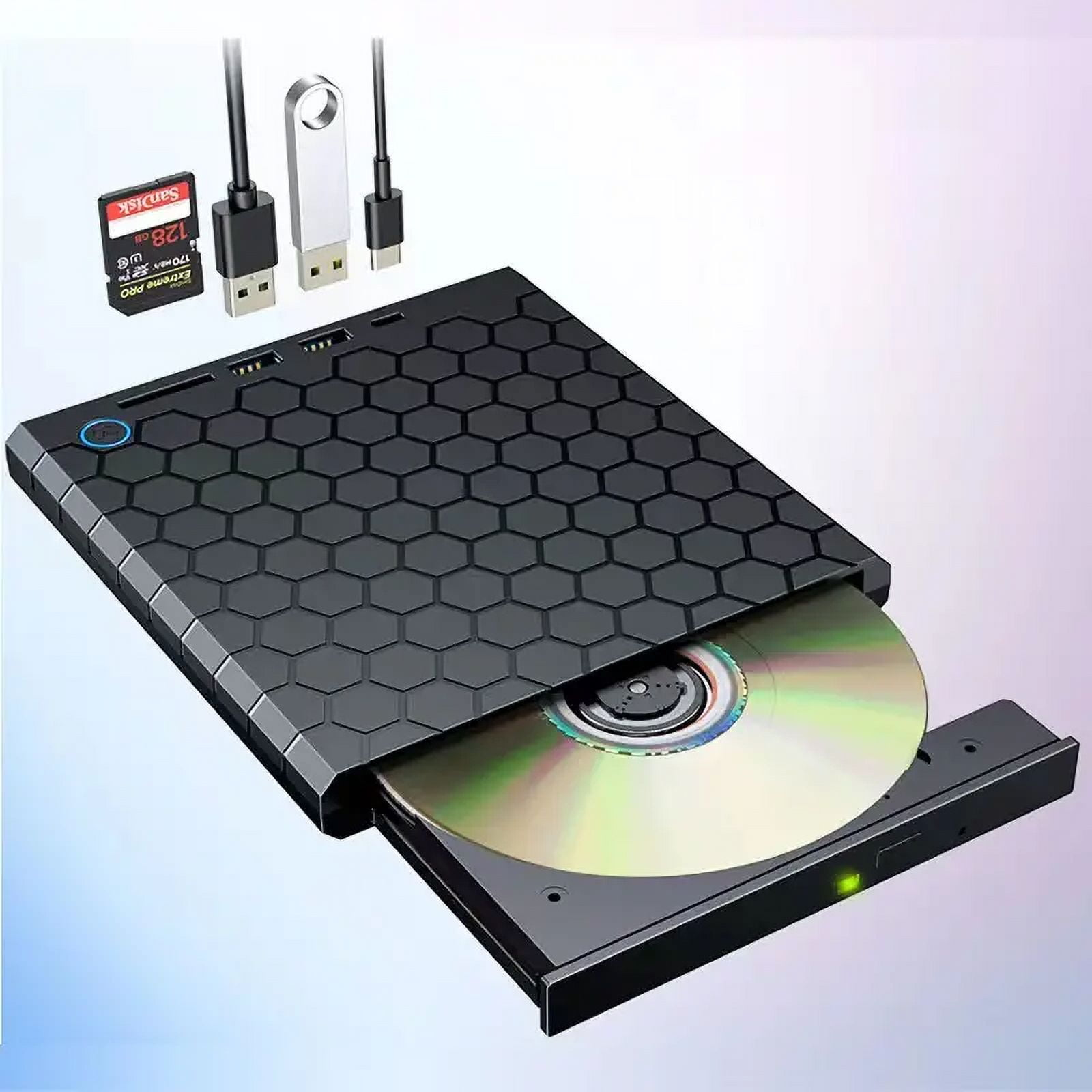 Schwarzes CD-DVD-Laufwerk mit USB-, SD-Karten- und USB-C-Anschlüssen. Silberne Disc drin.