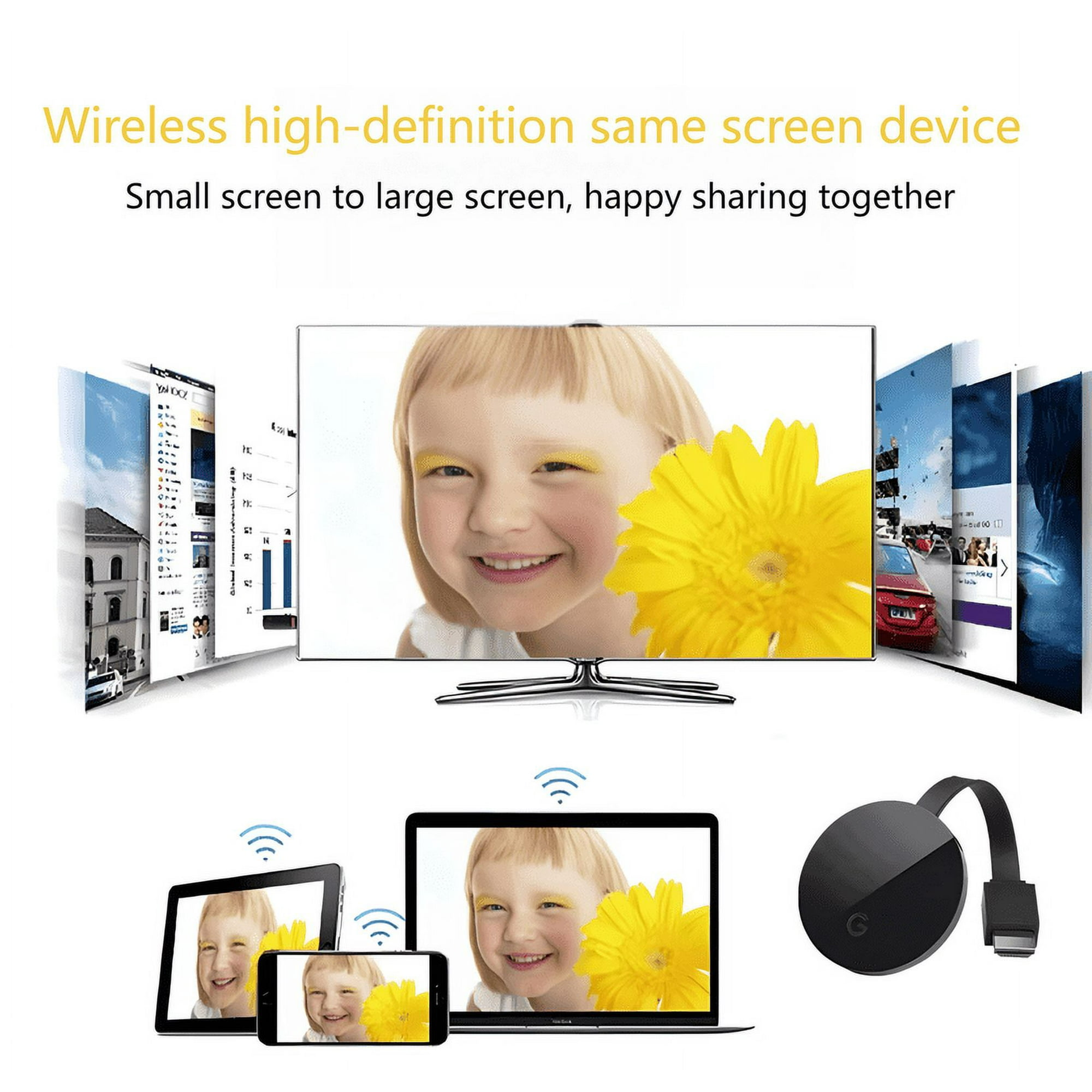 Ein Fernsehbildschirm, ein Tablet und ein Smartphone spiegeln das Gesicht eines Kindes wider. Drahtlose Verbindung angezeigt.
