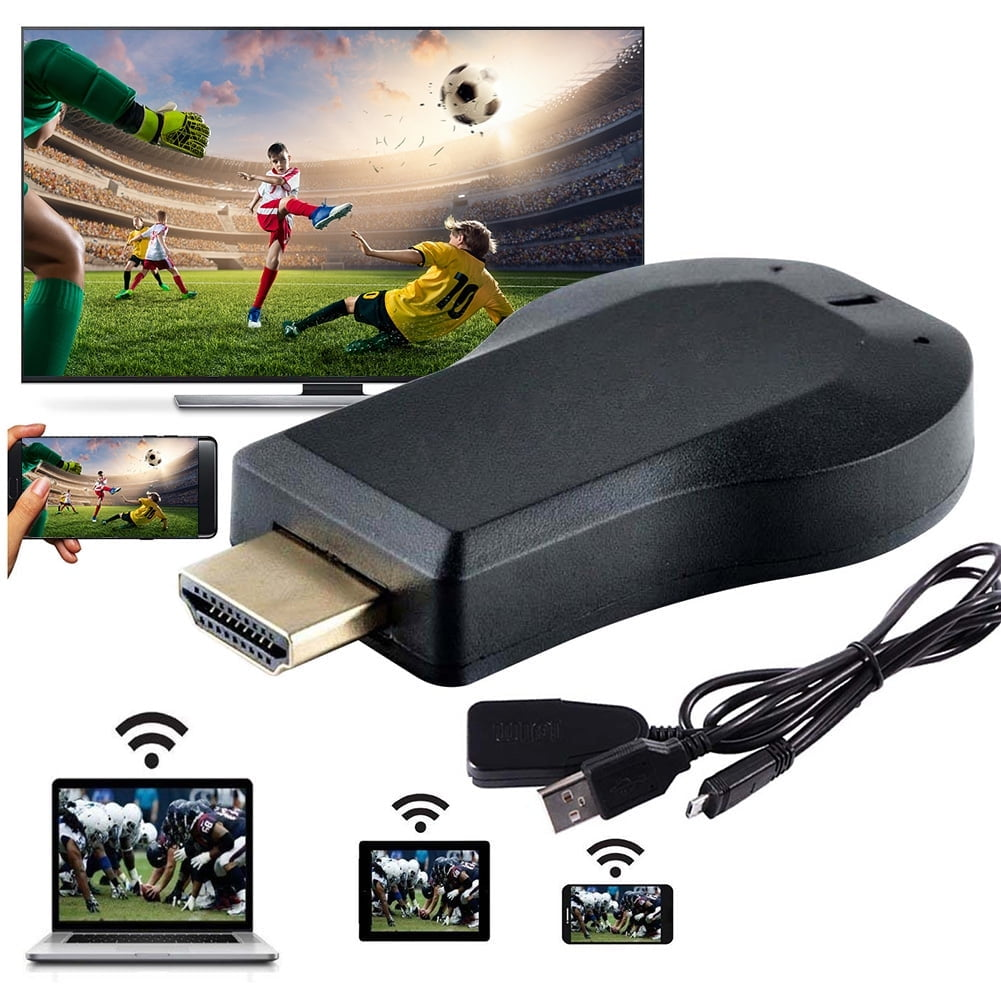 HDMI-Gerät mit Kabeln und zeigt Bilder von Sport auf TV und Telefon.