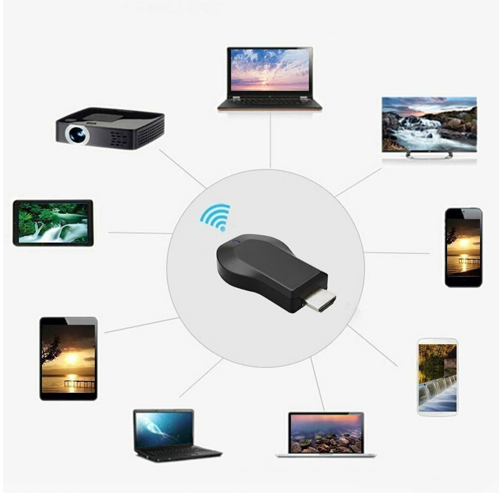 Ein schwarzer HDMI-Dongle, verbunden mit Laptop, Projektor, Fernseher, Tablets und Smartphone.