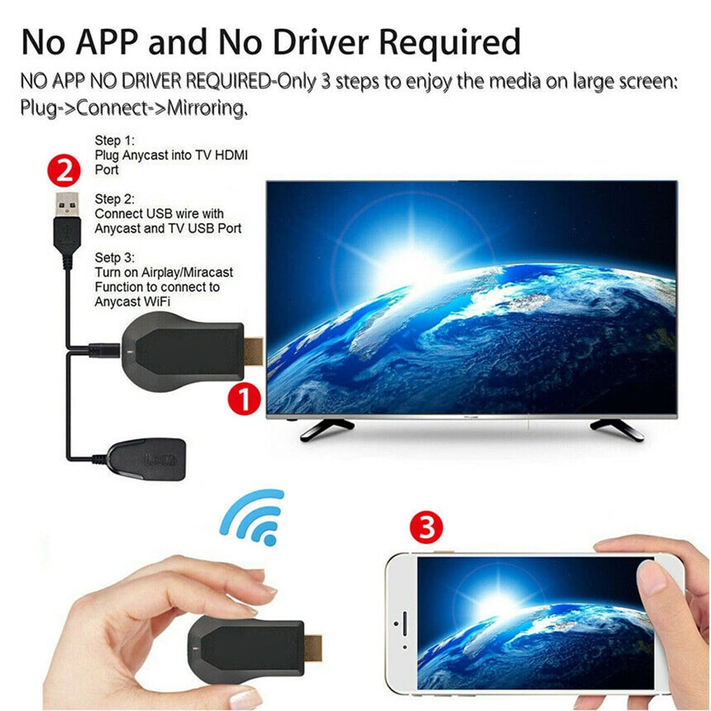 Diagramm, das ein Gerät zeigt, das an einen Fernseher angeschlossen ist, und einen Telefonbildschirm, der den Fernseher spiegelt.