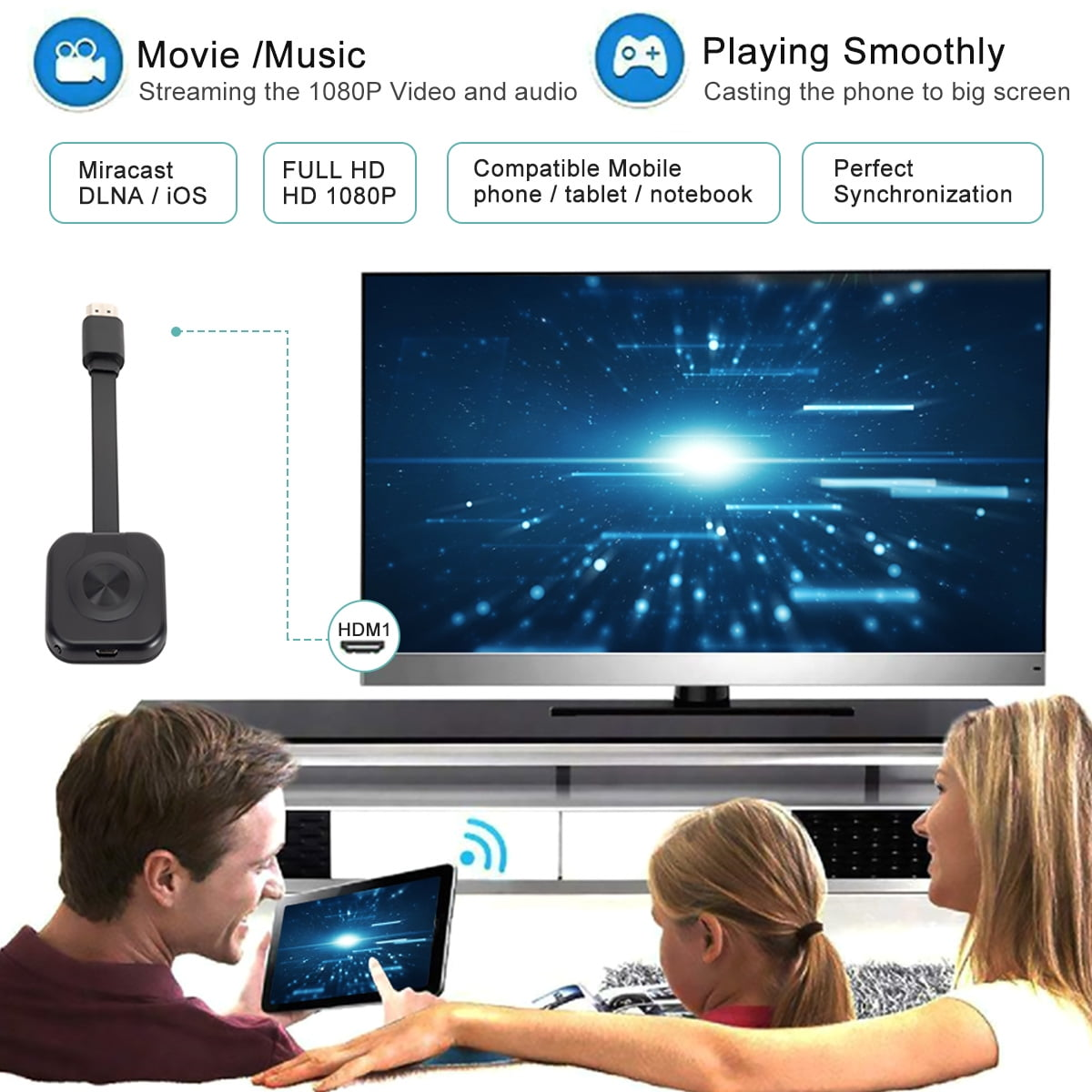 Eine Familie schaut fern. Ein Gerät verbindet sich mit dem Fernseher und zeigt Streaming-Informationen.
