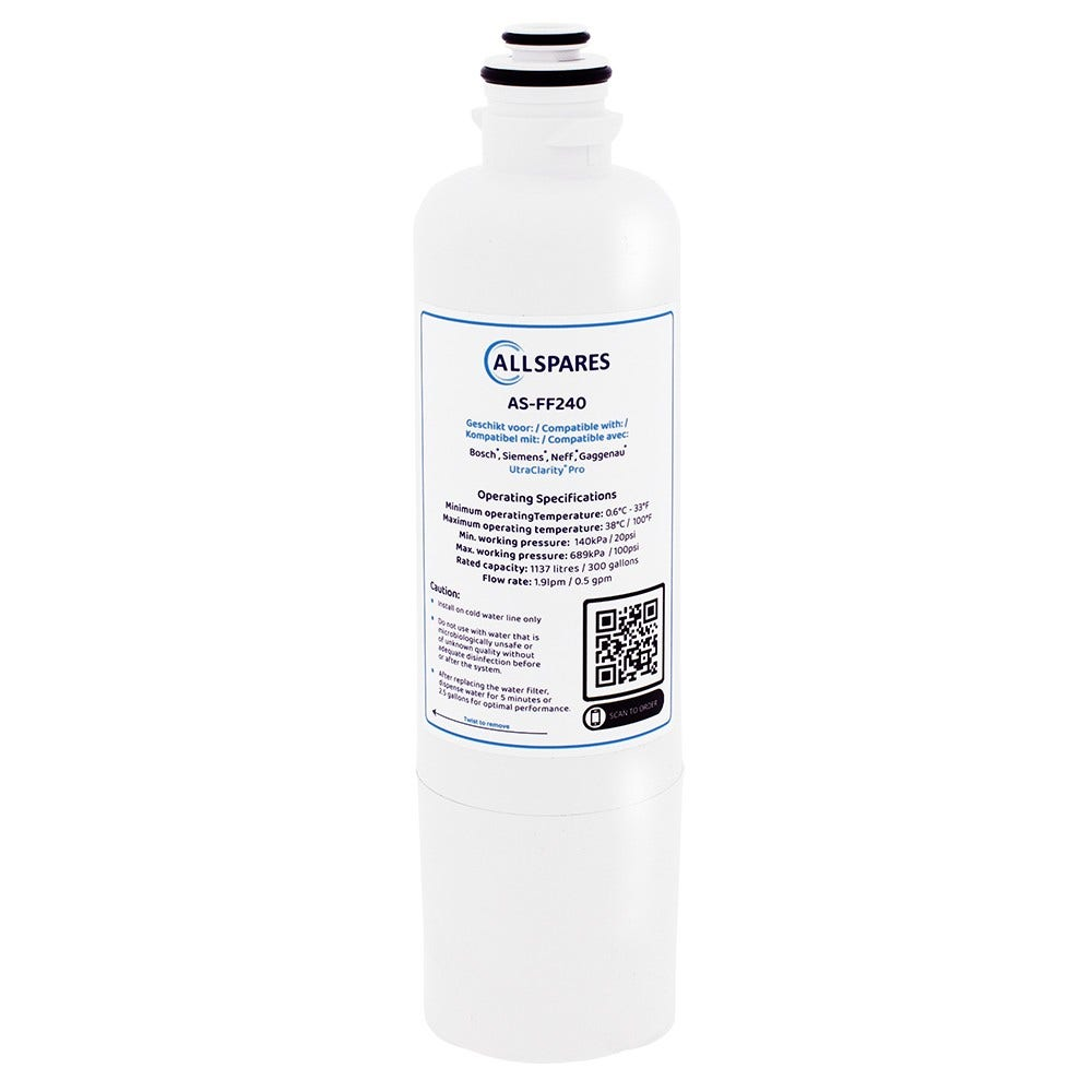 Weißer Wasserfilter mit blauem Etikett. Text mit 'ALLSPARES' und technischen Daten.