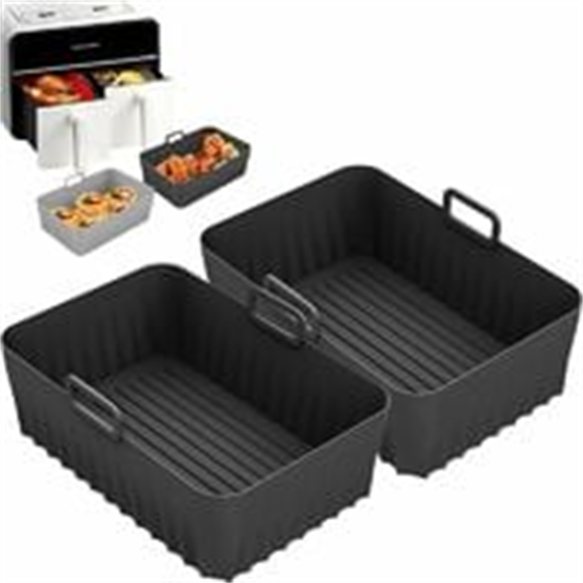 Schwarzes Airfryer-Zubehör: zwei Tabletts und Behälter mit Griffen.