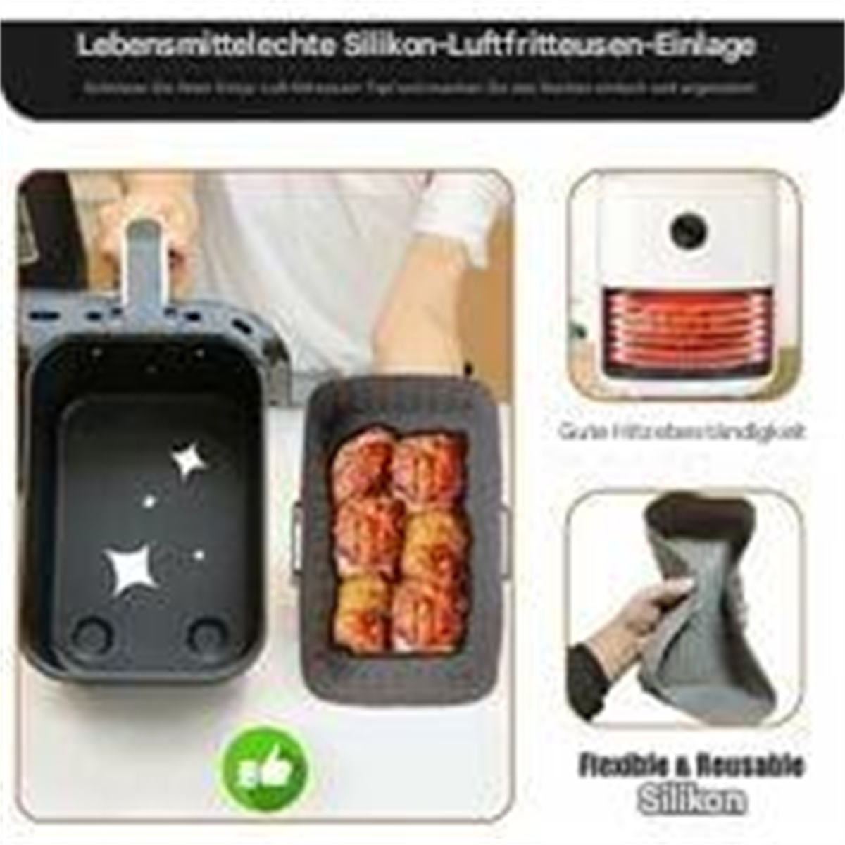 Silikon-Luftfritteuseneinsatz. Zeigt Essen darin, und eine Hand, die es handhabt.