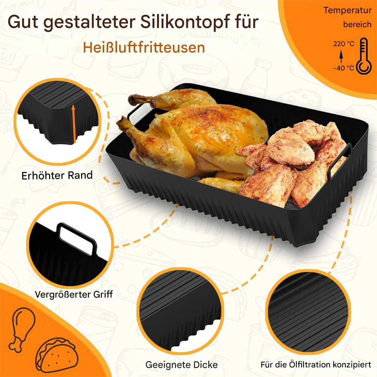 Schwarzer Silikonbehälter mit Essen, darunter Brathähnchen und frittierte Speisen.