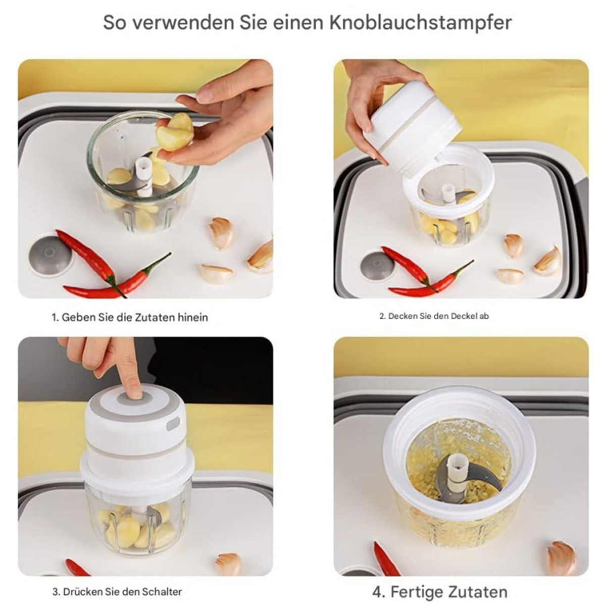 Vier Bilder, die zeigen, wie man einen Knoblauchhacker benutzt. Weiße Oberfläche.