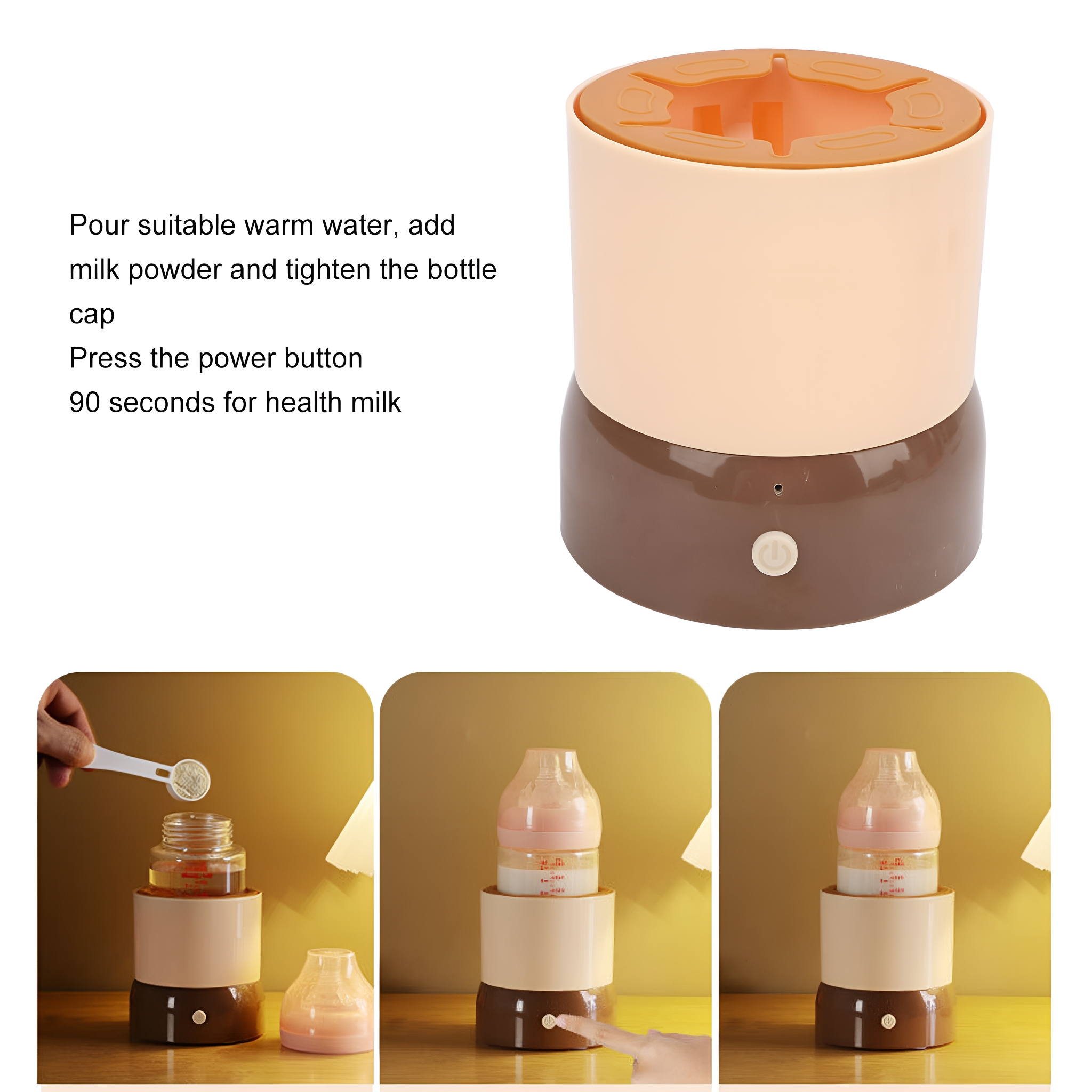 Babyflaschenwärmer mit Anleitung, drei Bilder zeigen die Anwendungsphasen. Beige und braun.