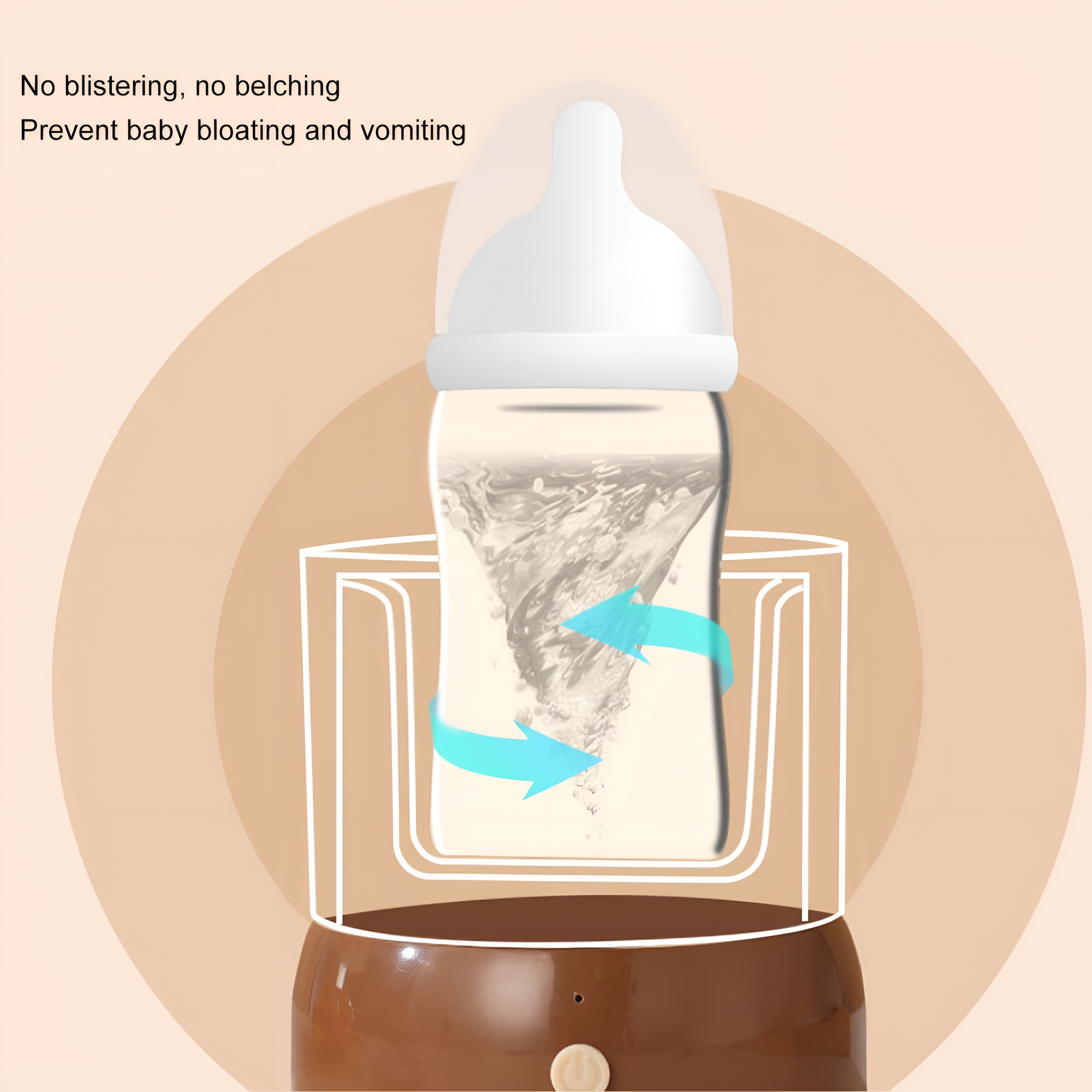 Babyflasche in einem Wärmer mit Pfeilen. Braun-weißer Hintergrund.