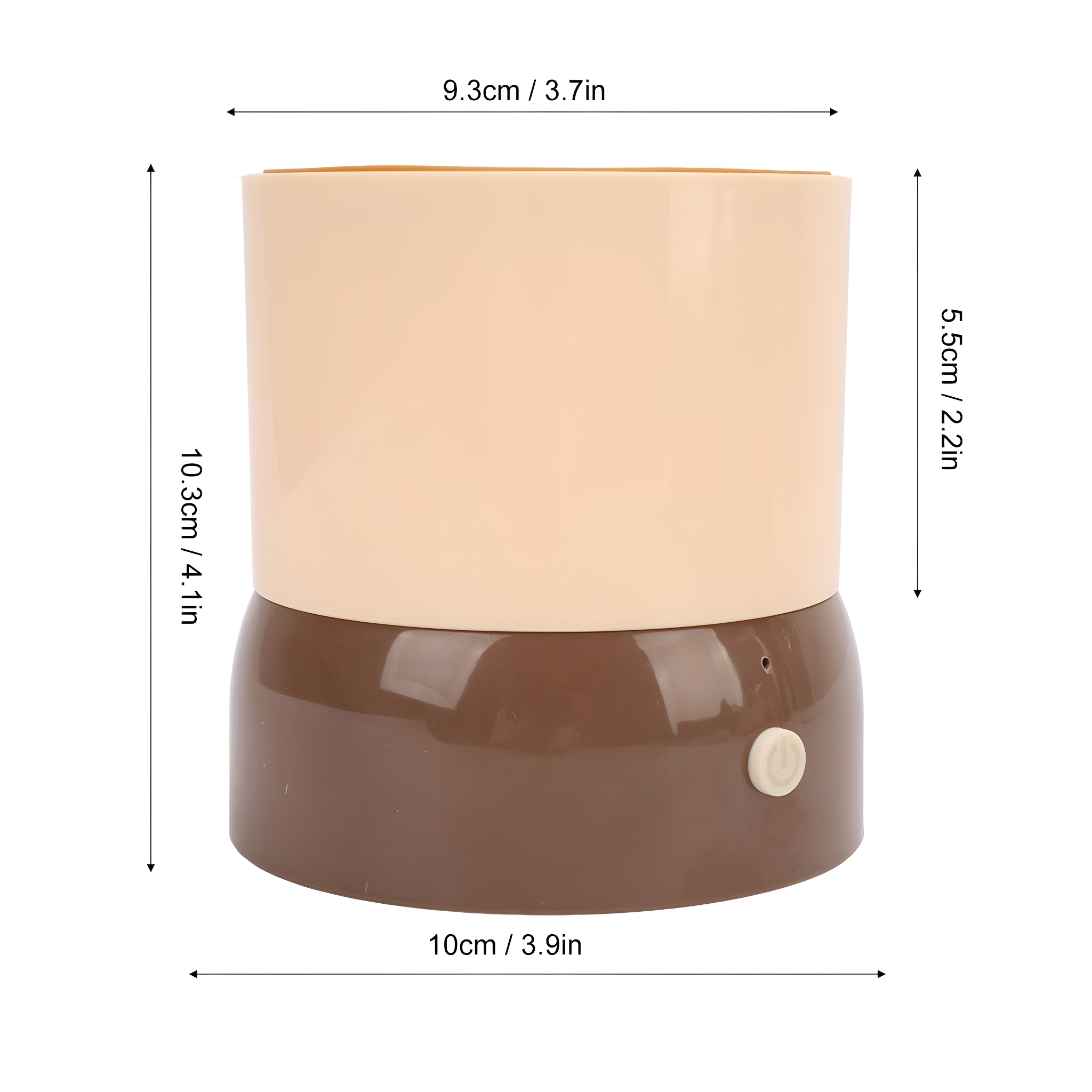 Beige und brauner zylindrischer Behälter mit Abmessungen und einem Einschaltknopf.
