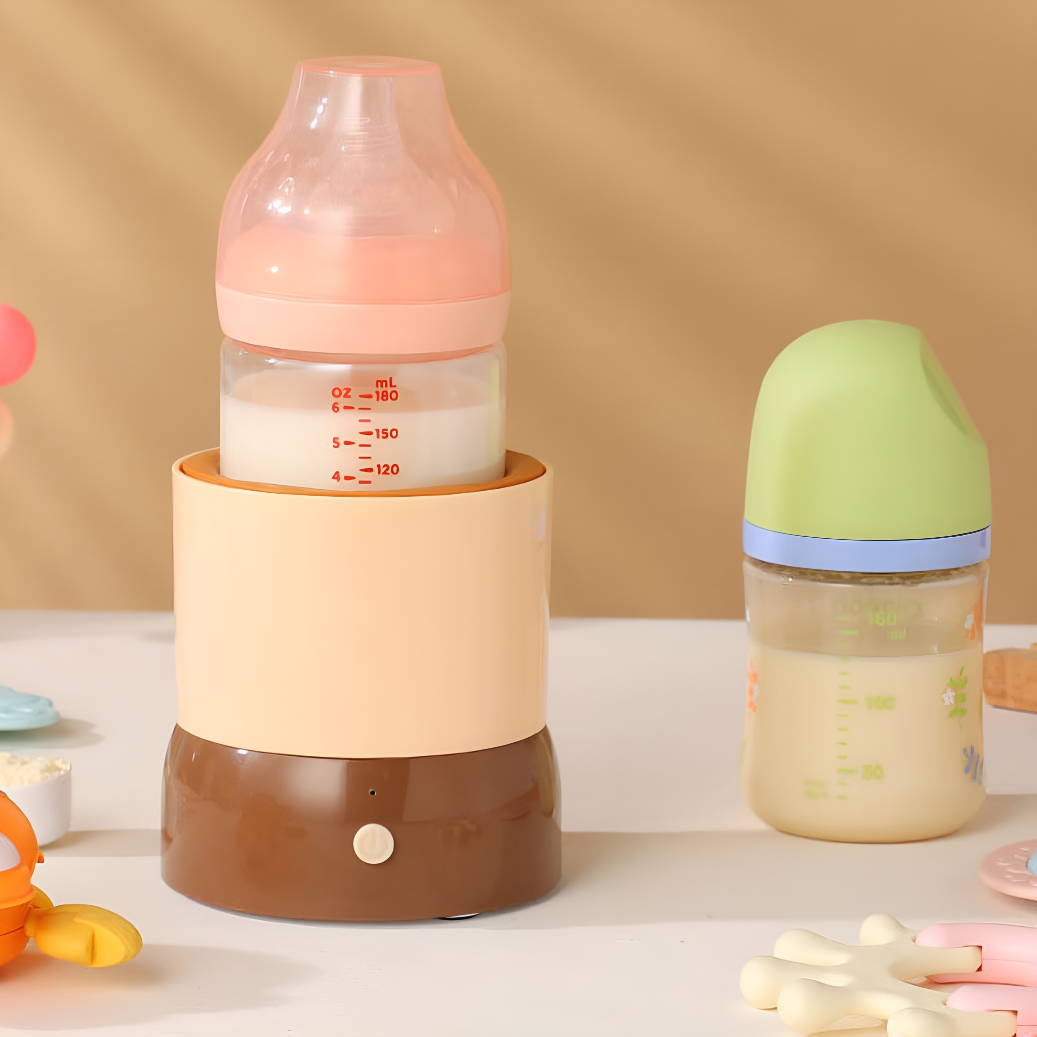Babyflaschenwärmer mit zwei Flaschen. Eine Flasche mit Milch, die andere rosa.