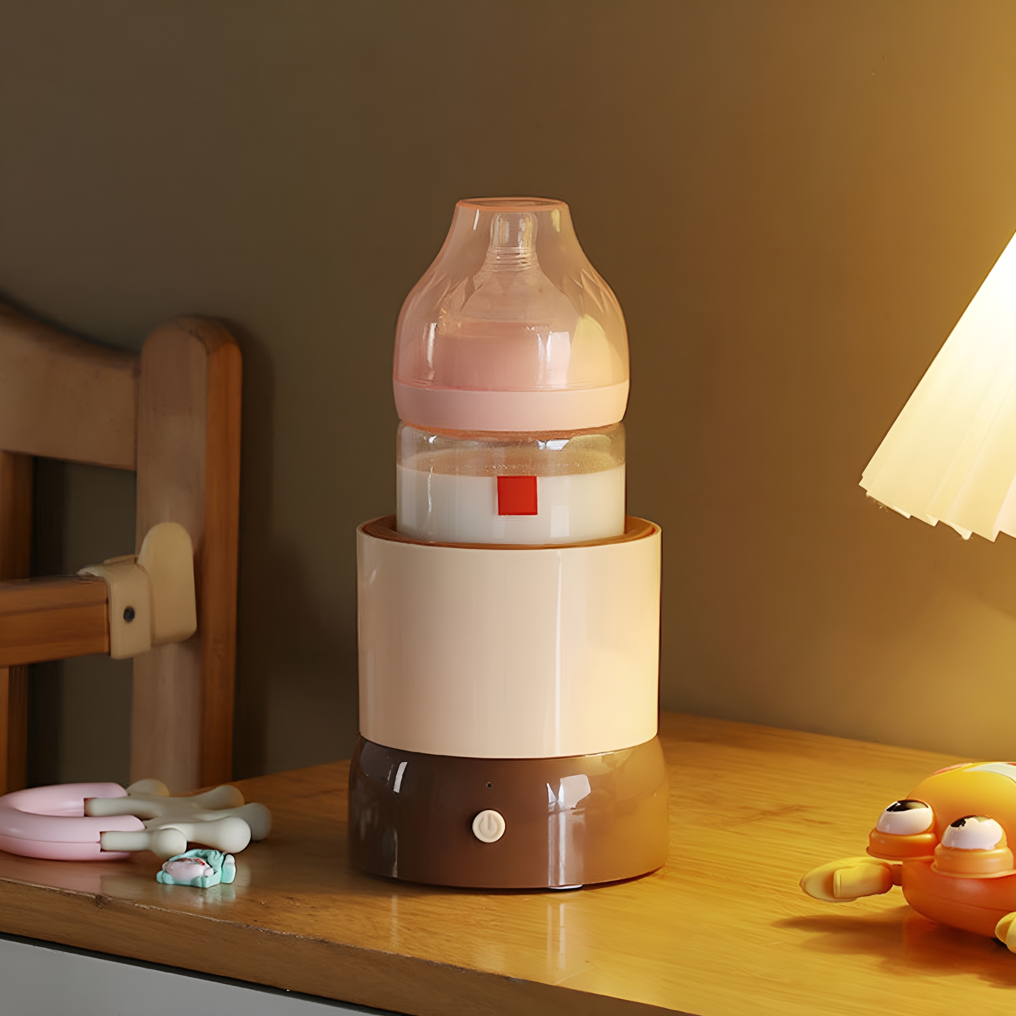 Babyflaschenwärmer mit einer Flasche im Inneren. Der Wärmer steht auf einer Holzoberfläche mit Spielzeug im Vordergrund.