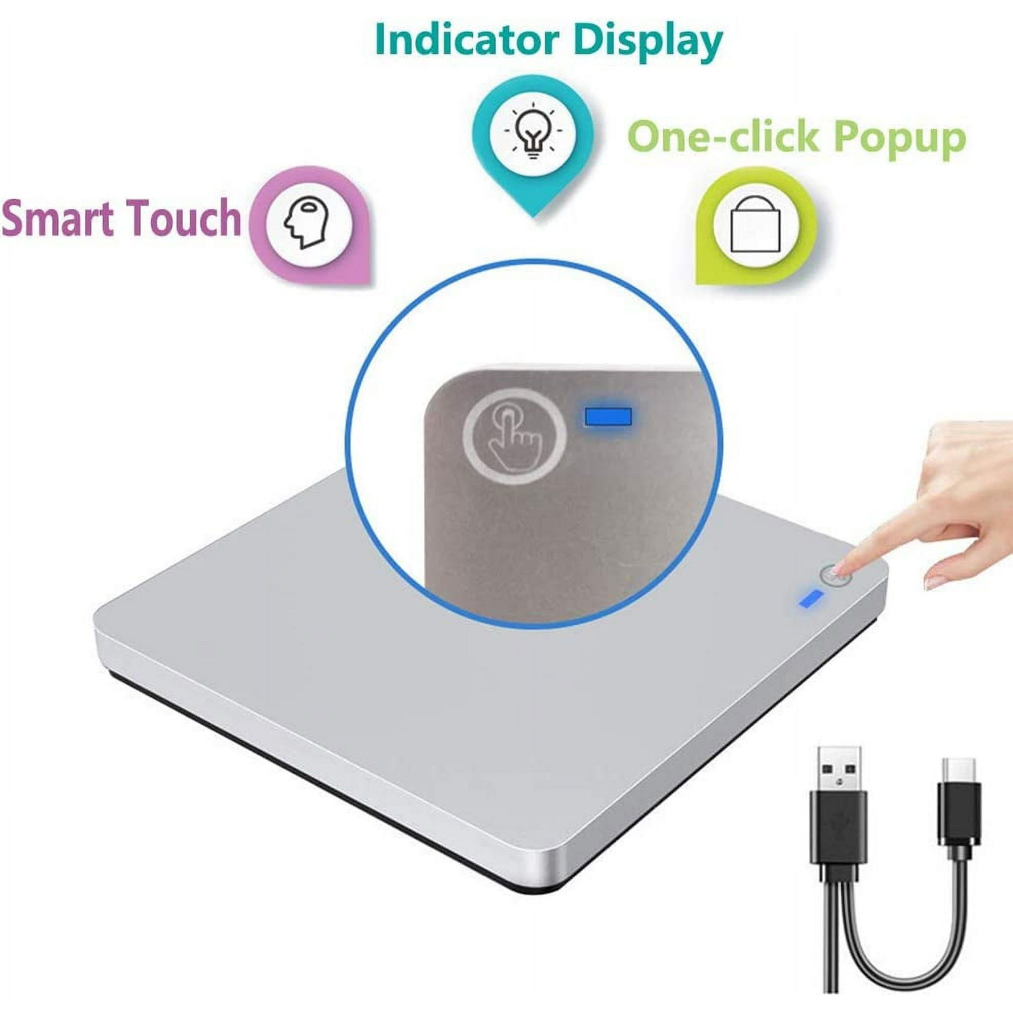 Silbernes Gerät mit Knopf und Touchbereich. Zwei USB-Kabel sind angeschlossen.