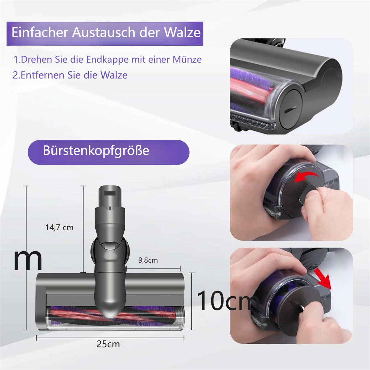 Diagramm, wie man einen Staubsauger-Bürstenkopf austauscht.
