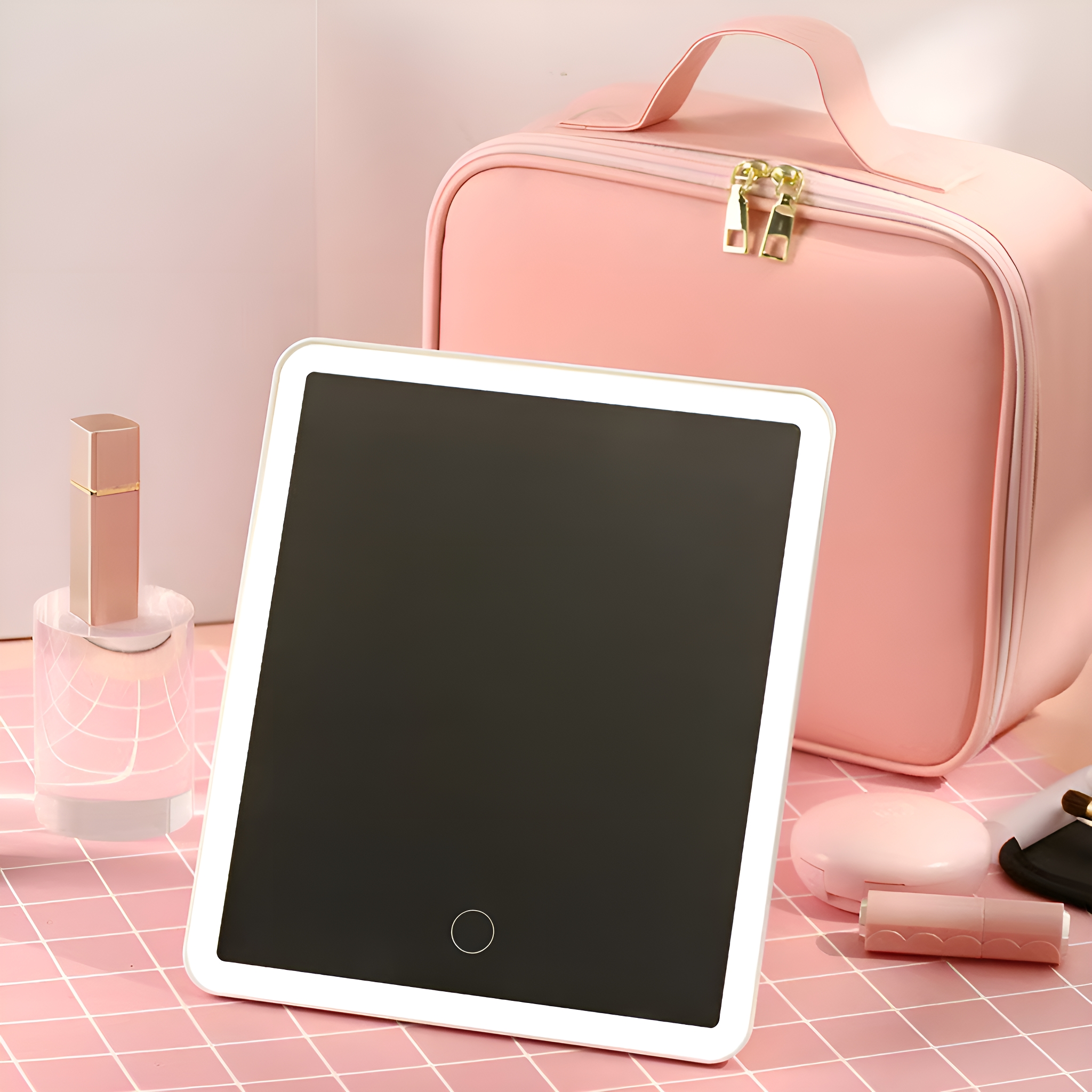 Ein beleuchteter Schminkspiegel, eine rosa Make-up-Tasche und ein Lippenstift auf einer rosa karierten Oberfläche.