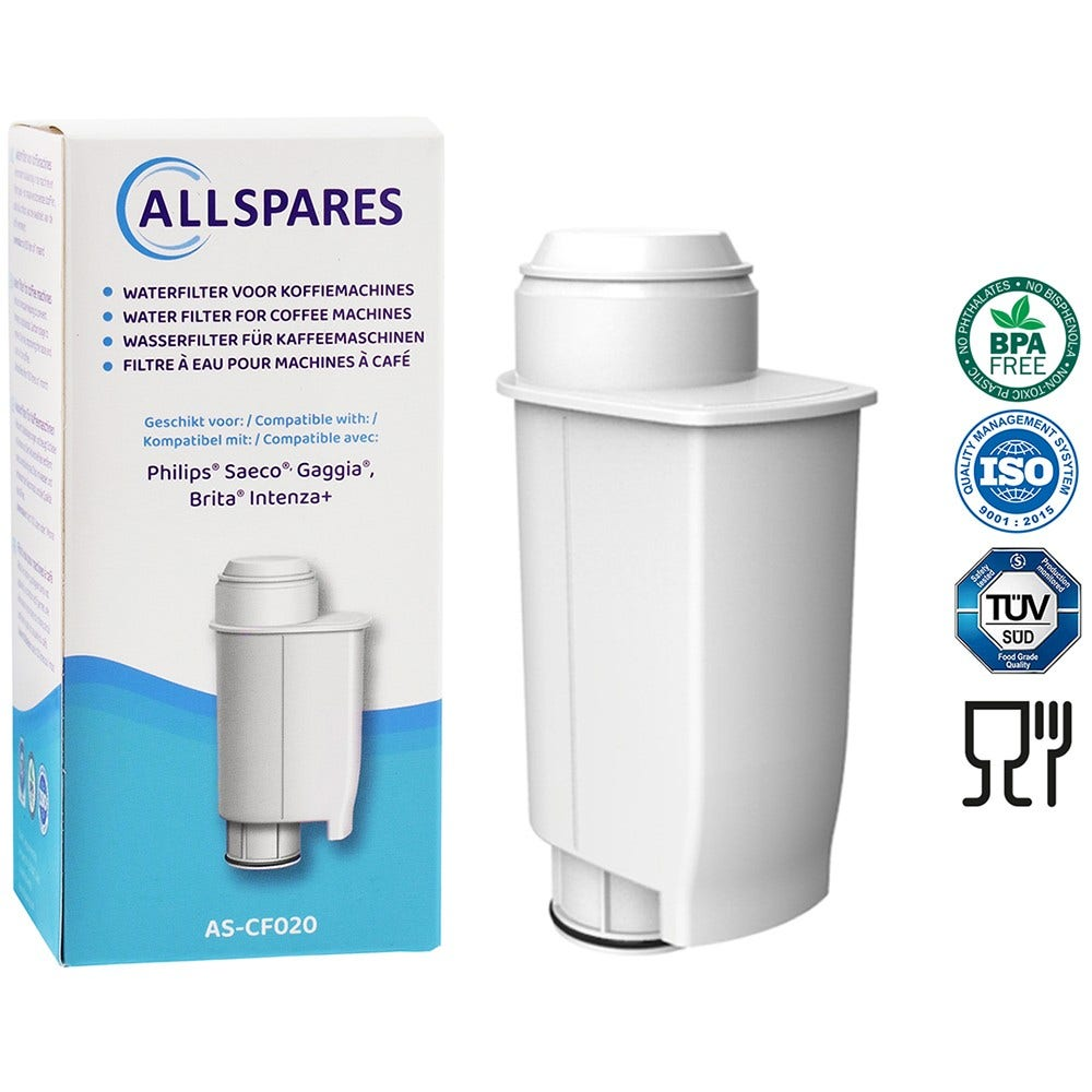 Weißer Wasserfilter für Kaffeemaschinen. Text und Logos der Marke sind auf der Box sichtbar.