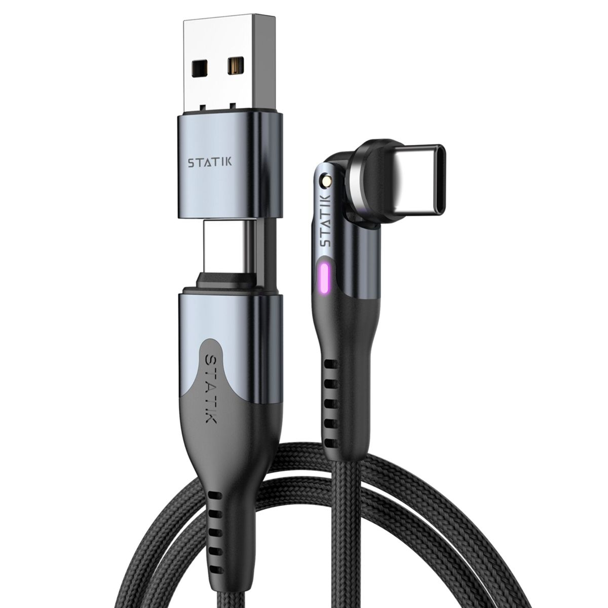 Schwarz-silbernes Ladekabel mit USB- und USB-C-Anschlüssen. Geflochtenes Kabel. Weißer Hintergrund.