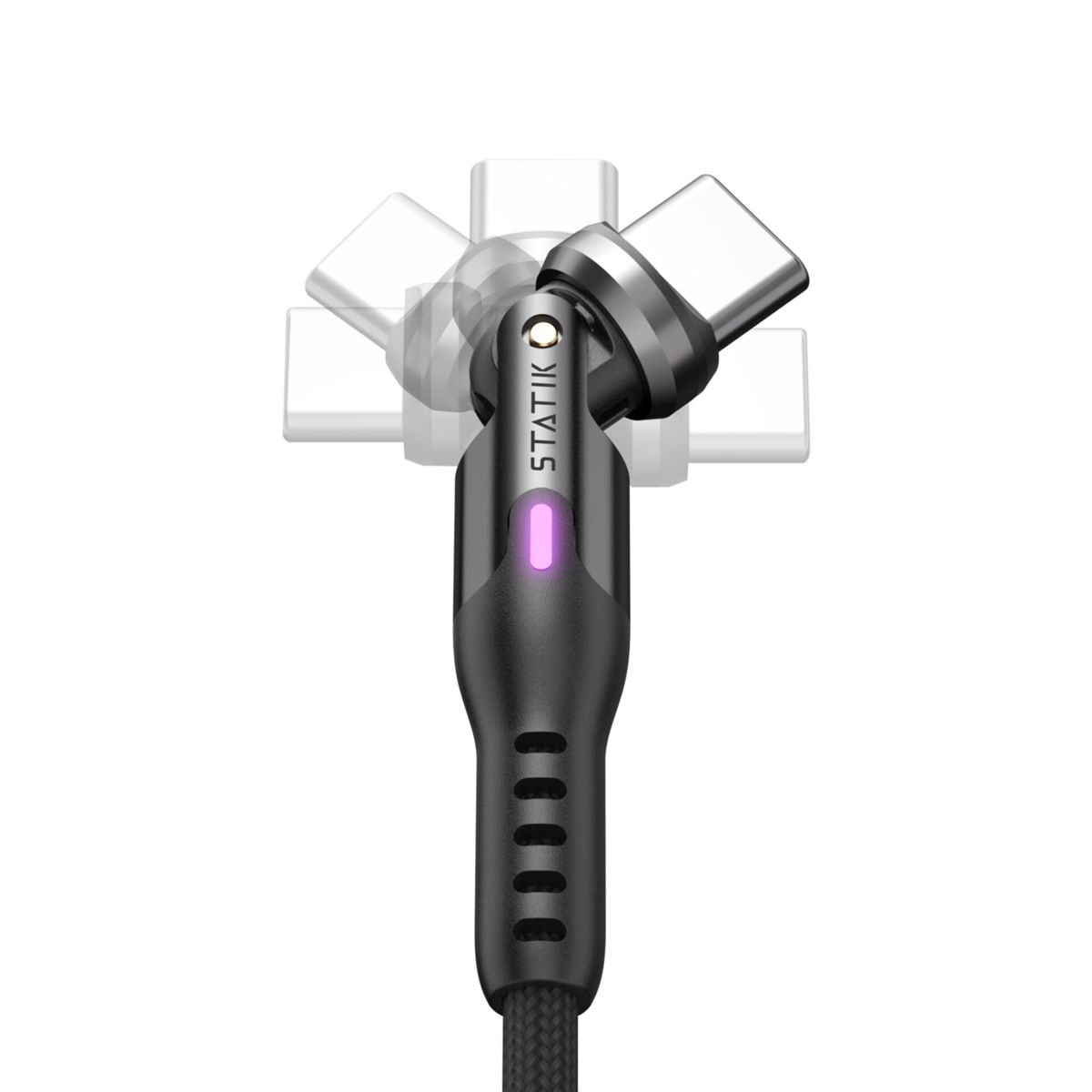 Magnetisches Ladekabel mit drehbarem Kopf für verschiedene Winkel.