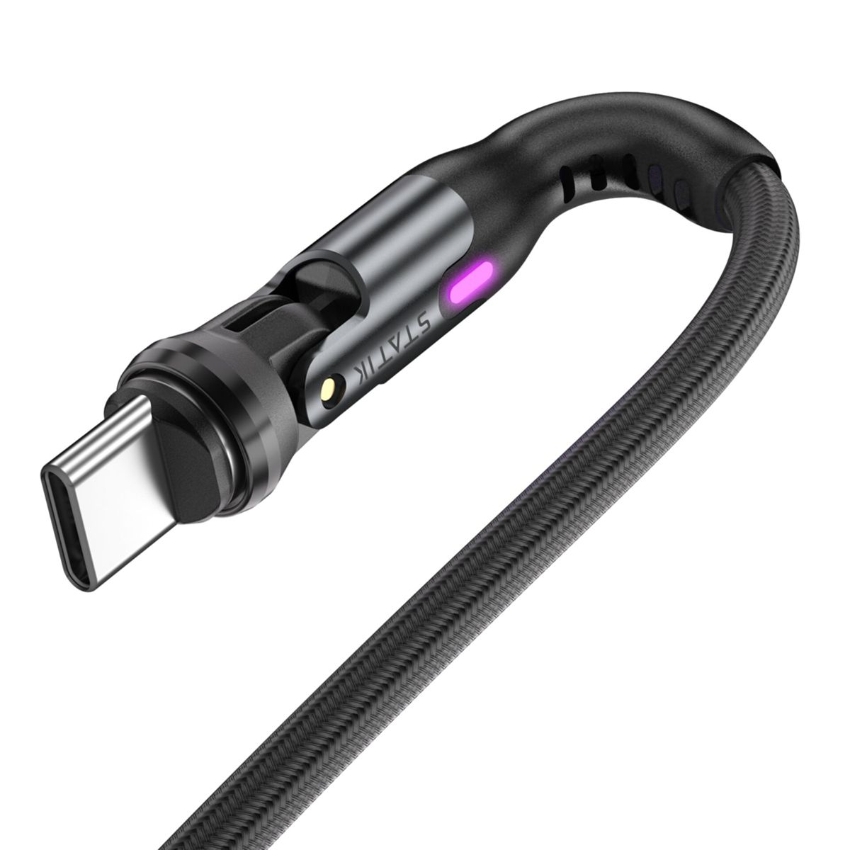 Schwarzes USB-C-Kabel mit Metallanschluss und Licht.