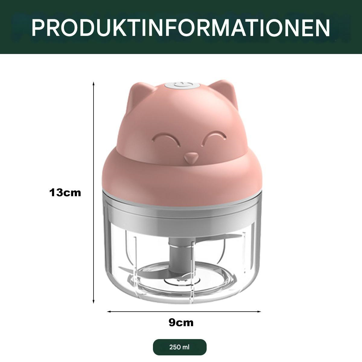 Ein pinkfarbener, katzenförmiger Food Processor mit Maßangaben. Er hat eine transparente Schüssel und einen pinken Deckel.