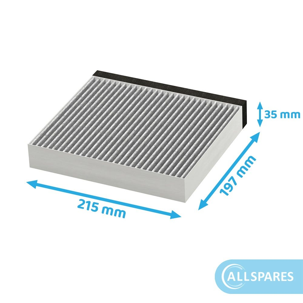 Filtro aria. Rettangolare, grigio, con bordi neri. Dimensioni 215x197x35mm. Testo e frecce indicano le misure.