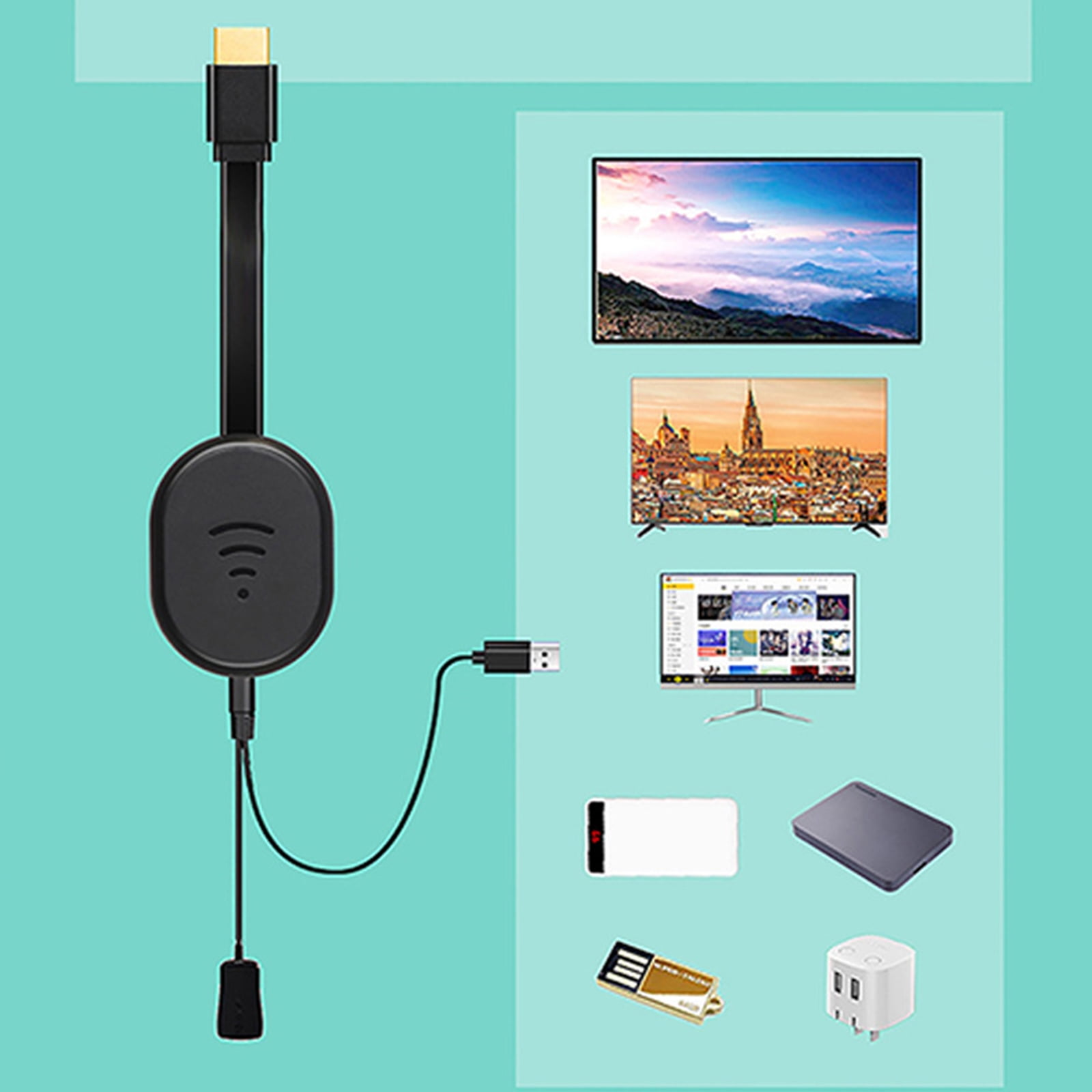 Schwarzes Gerät mit Kabel und USB-Anschluss. Das Display zeigt drei verschiedene Bildschirme. Displays und Stecker auch gezeigt.