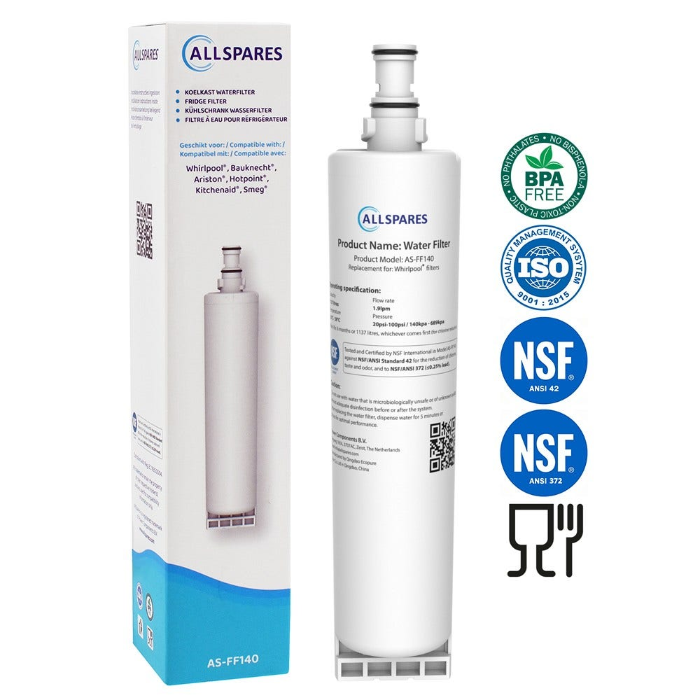 Ein weißer Wasserfilter mit Text und Logos, einschließlich NSF-Zertifizierungen und Produktname.
