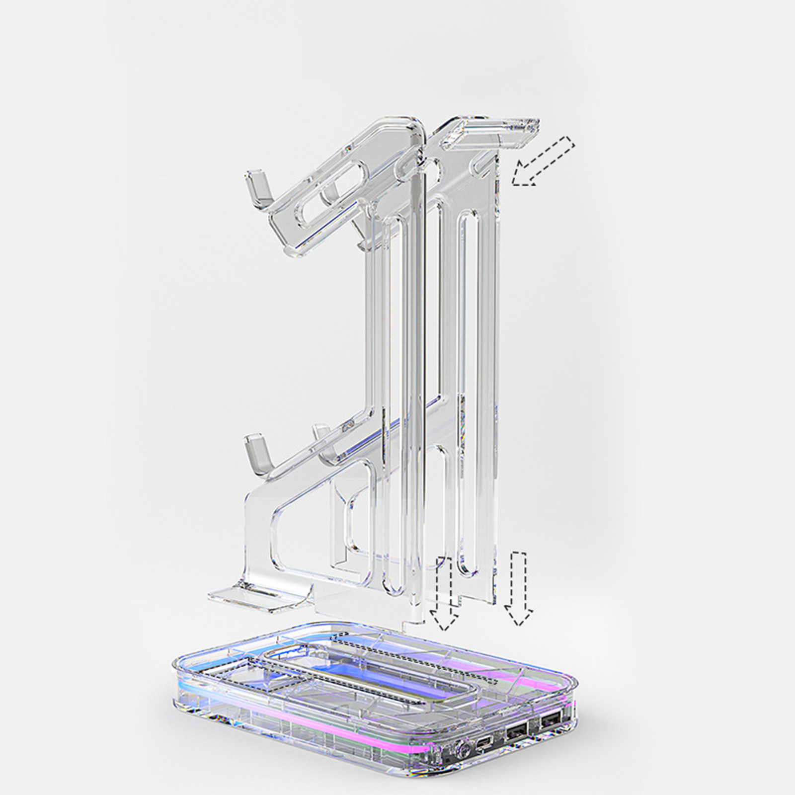 Klare Acryl-Telefonständerteile, zerlegt, mit Pfeilen, die die Montage und eine Basis anzeigen.