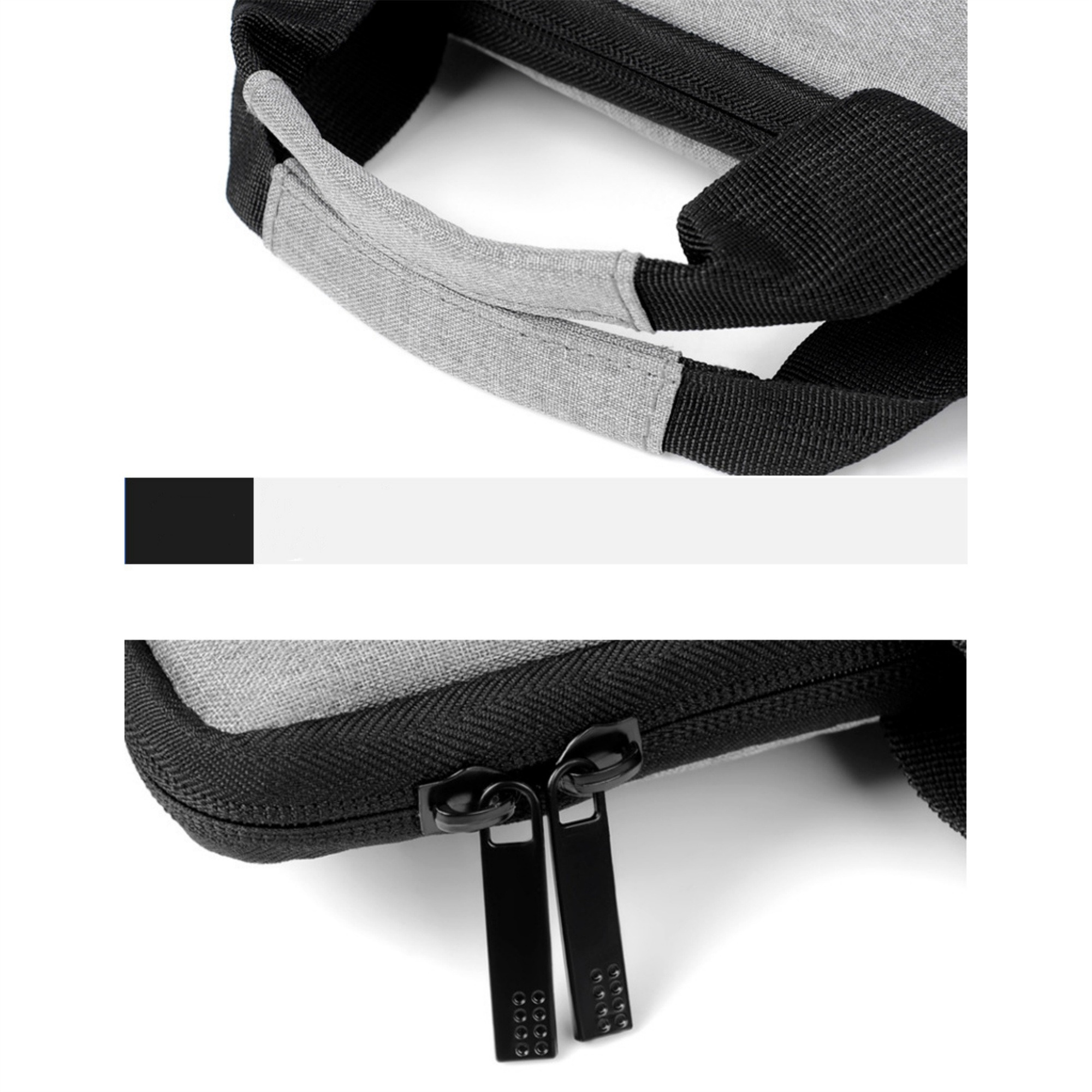 Graue und schwarze Laptoptasche mit Reißverschluss. Nahaufnahmen der Tasche.
