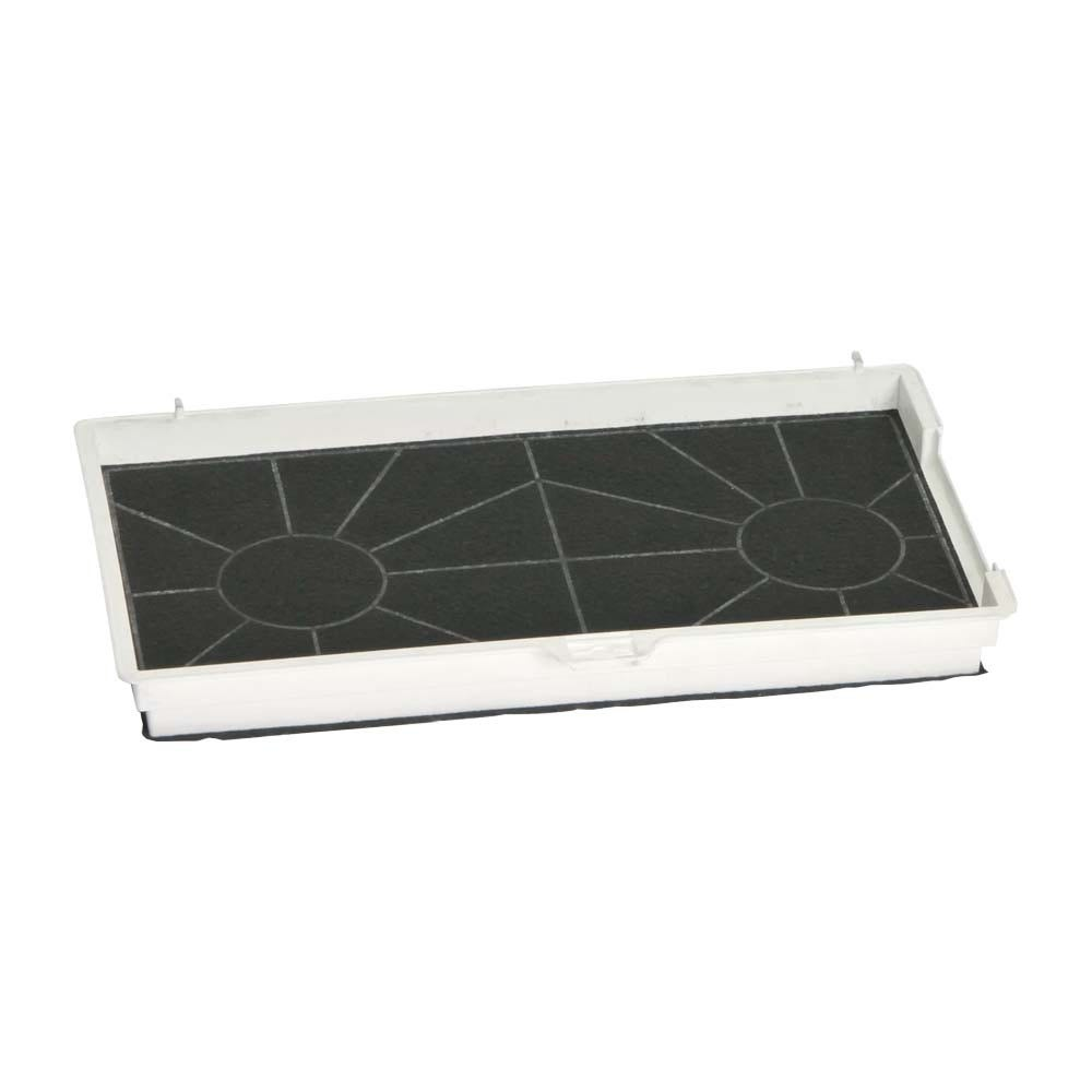 Un filtro dell'aria rettangolare bianco con una superficie a rete nera e due elementi circolari.
