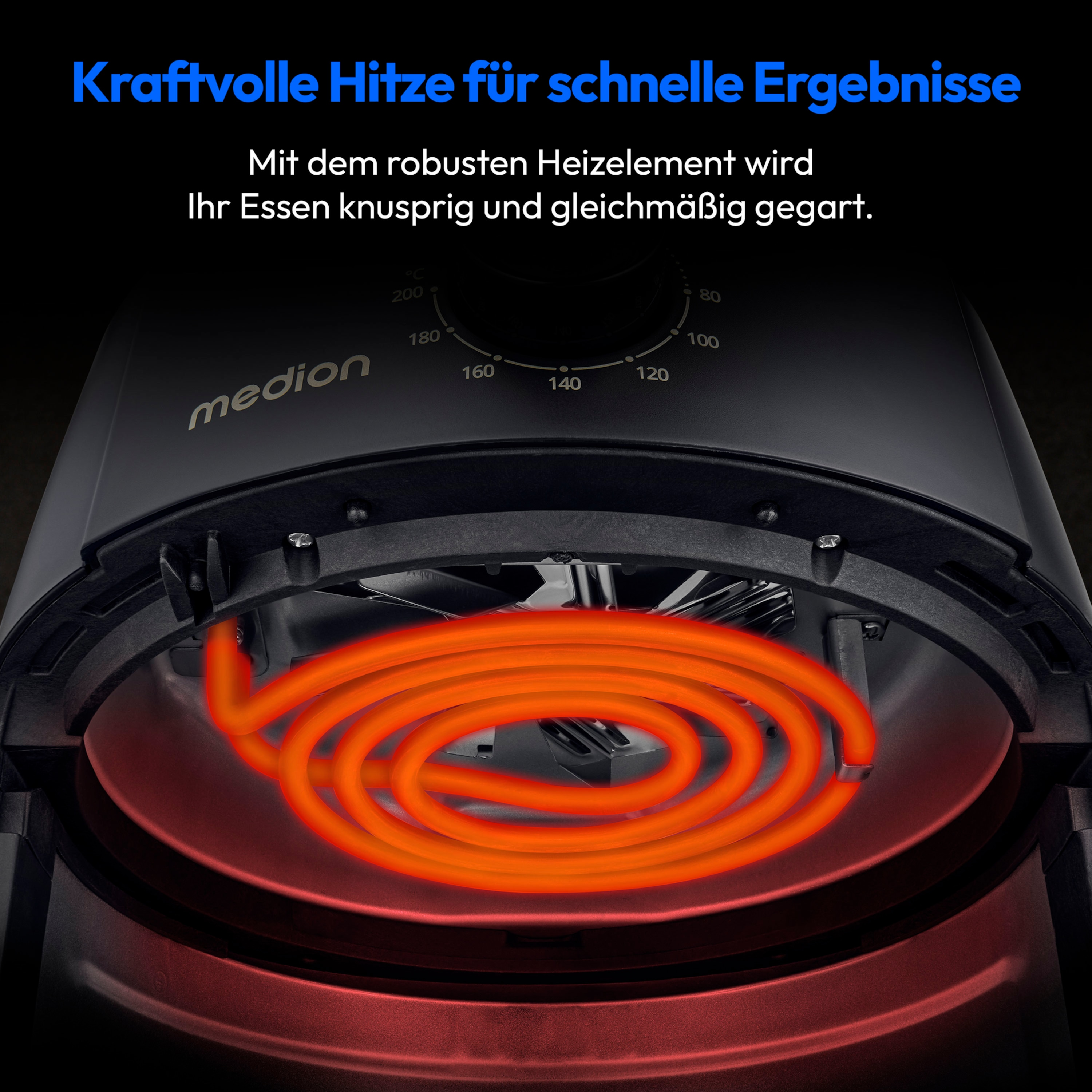 Close-up van een zwarte airfryer met een verwarmingselement en een temperatuurregelknop.