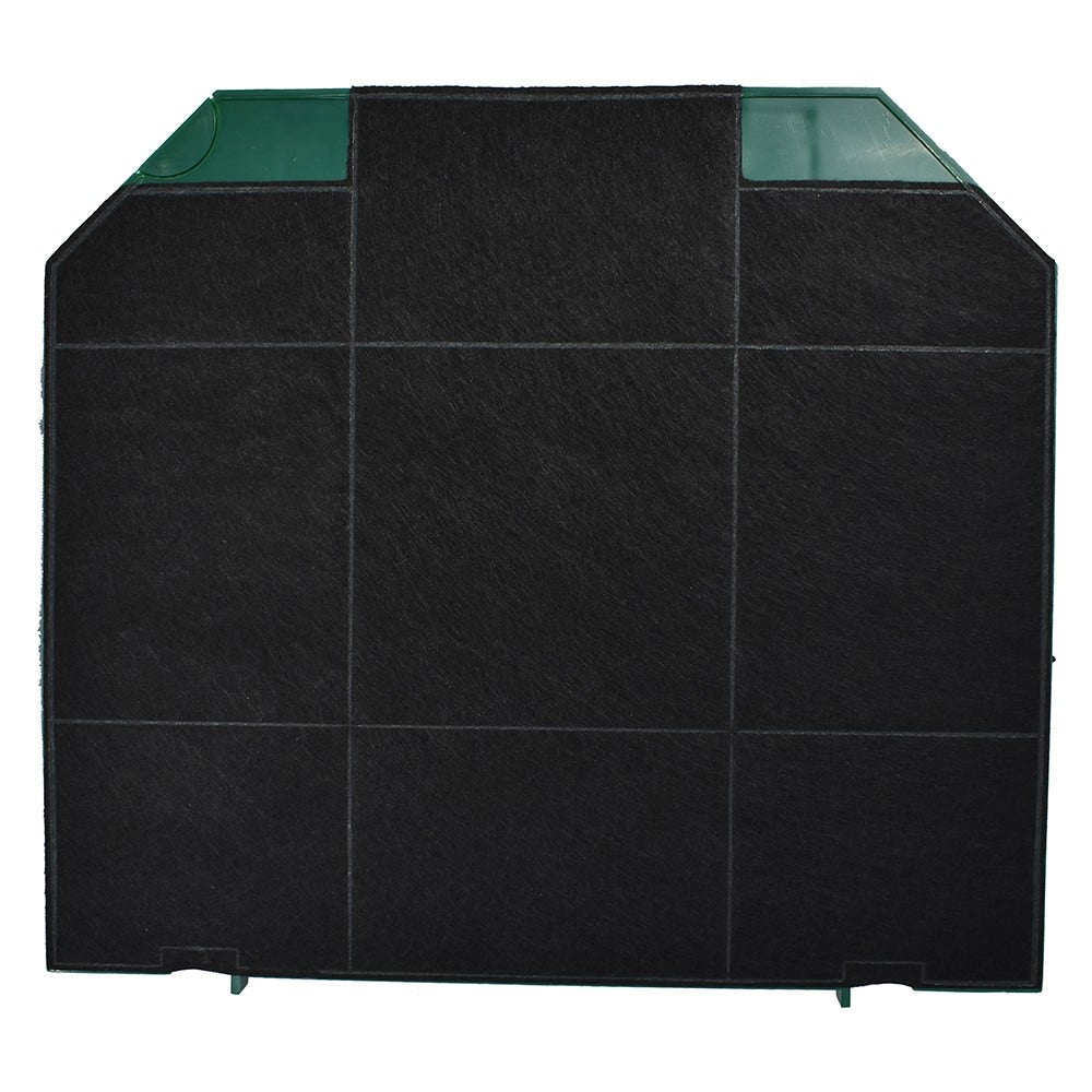 Filtre à air noir avec un cadre vert. Le filtre a un motif en forme de grille. Sur fond blanc.