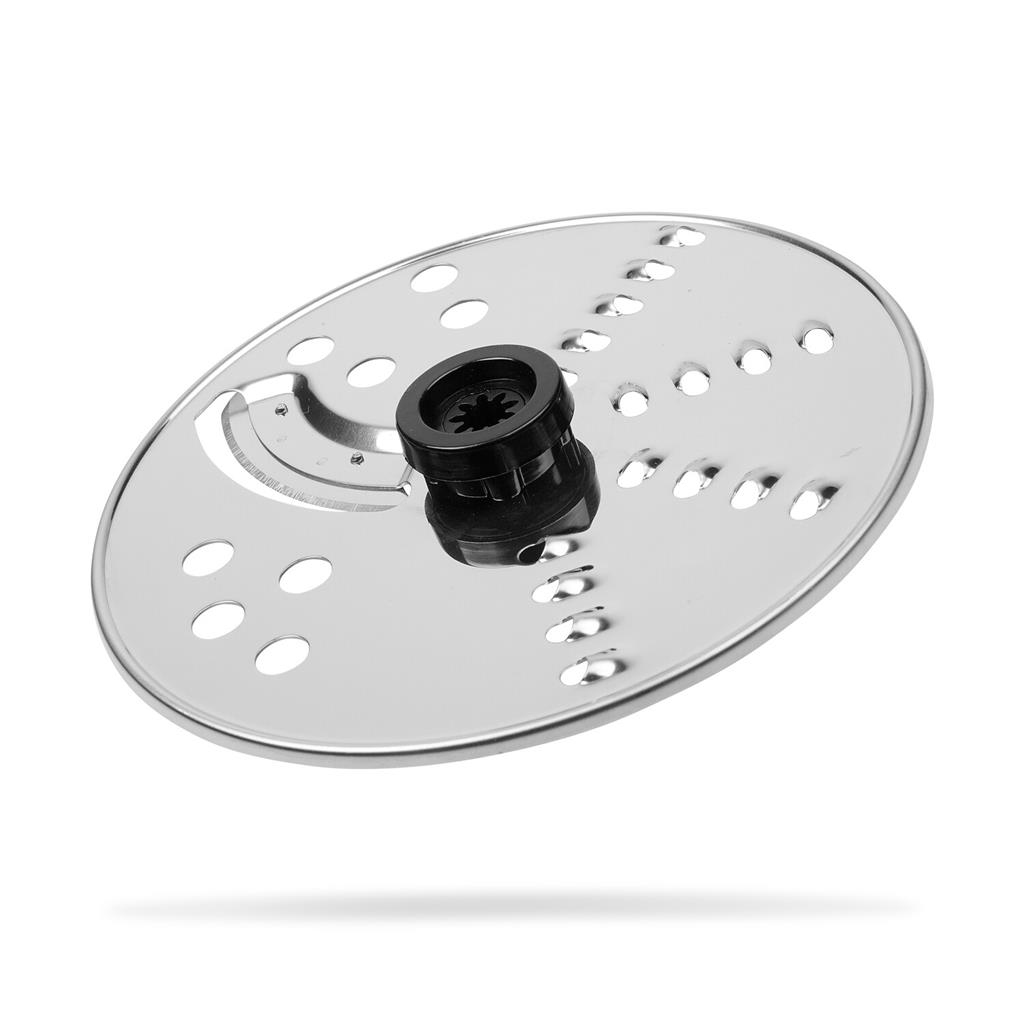 Lama per affettare per robot da cucina argentata con centro nero su sfondo bianco.