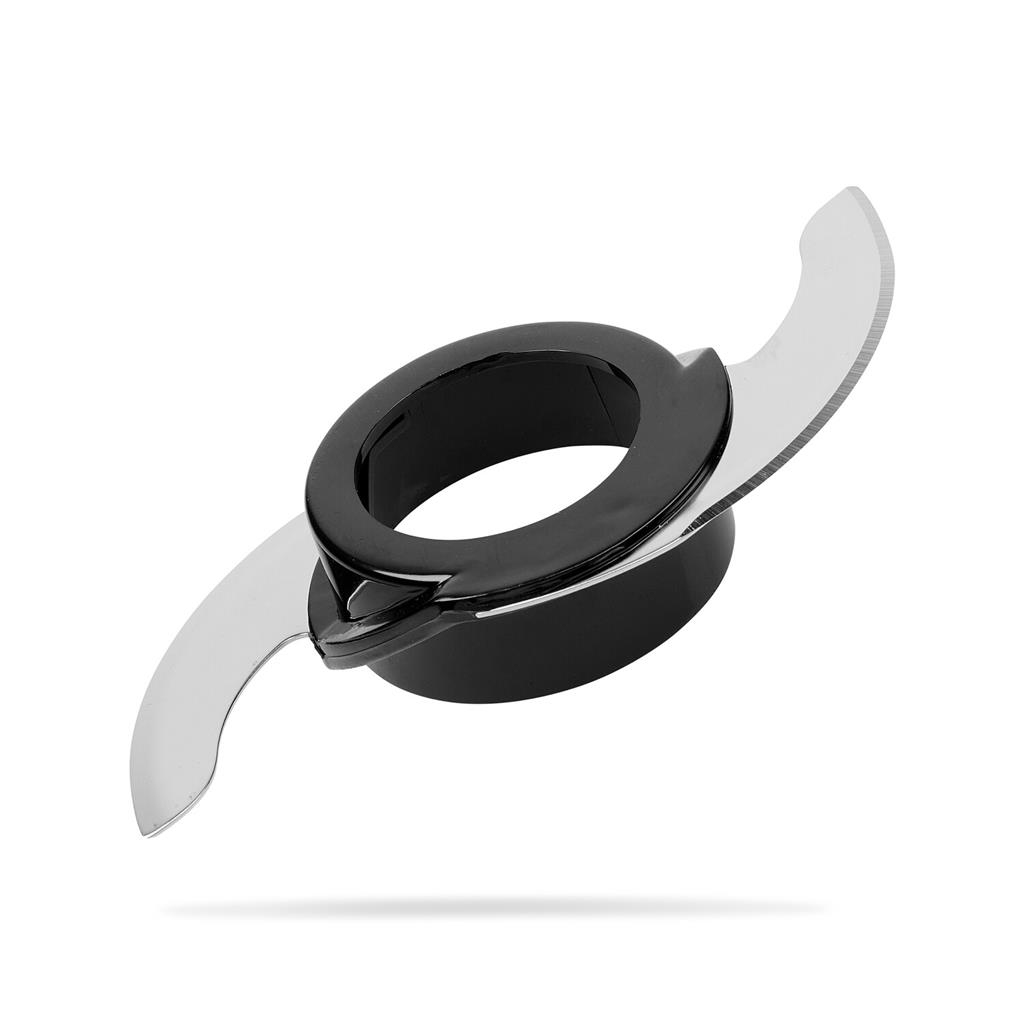 Lama per robot da cucina nera e argentata. Sfondo bianco.
