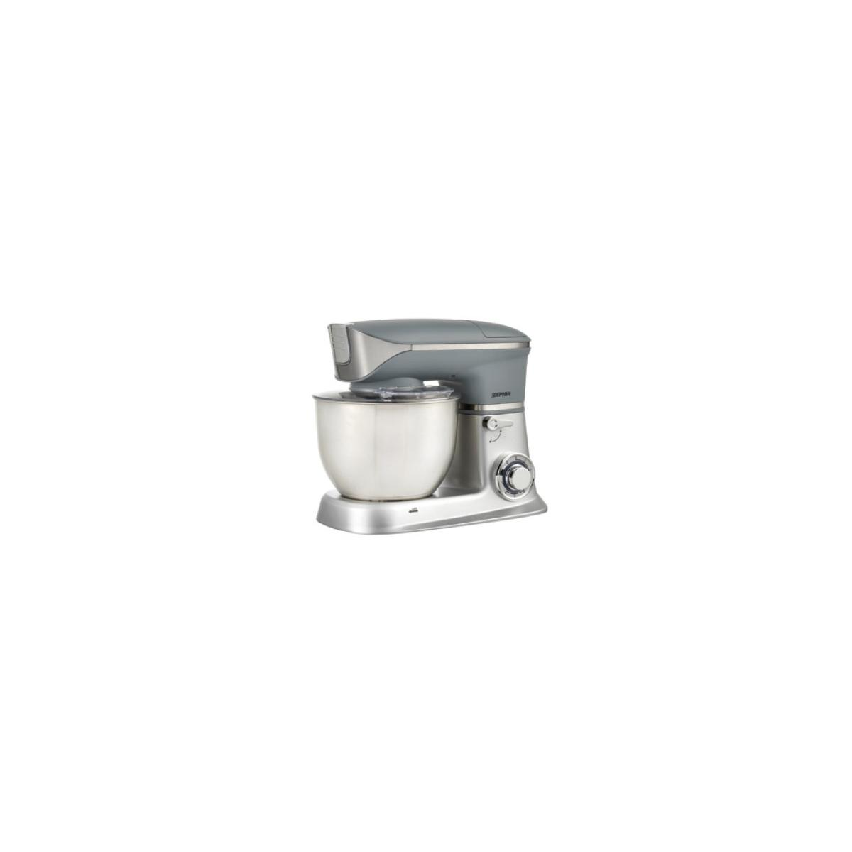 Impastatrice argento e grigia, ciotola in acciaio inox, sfondo bianco.