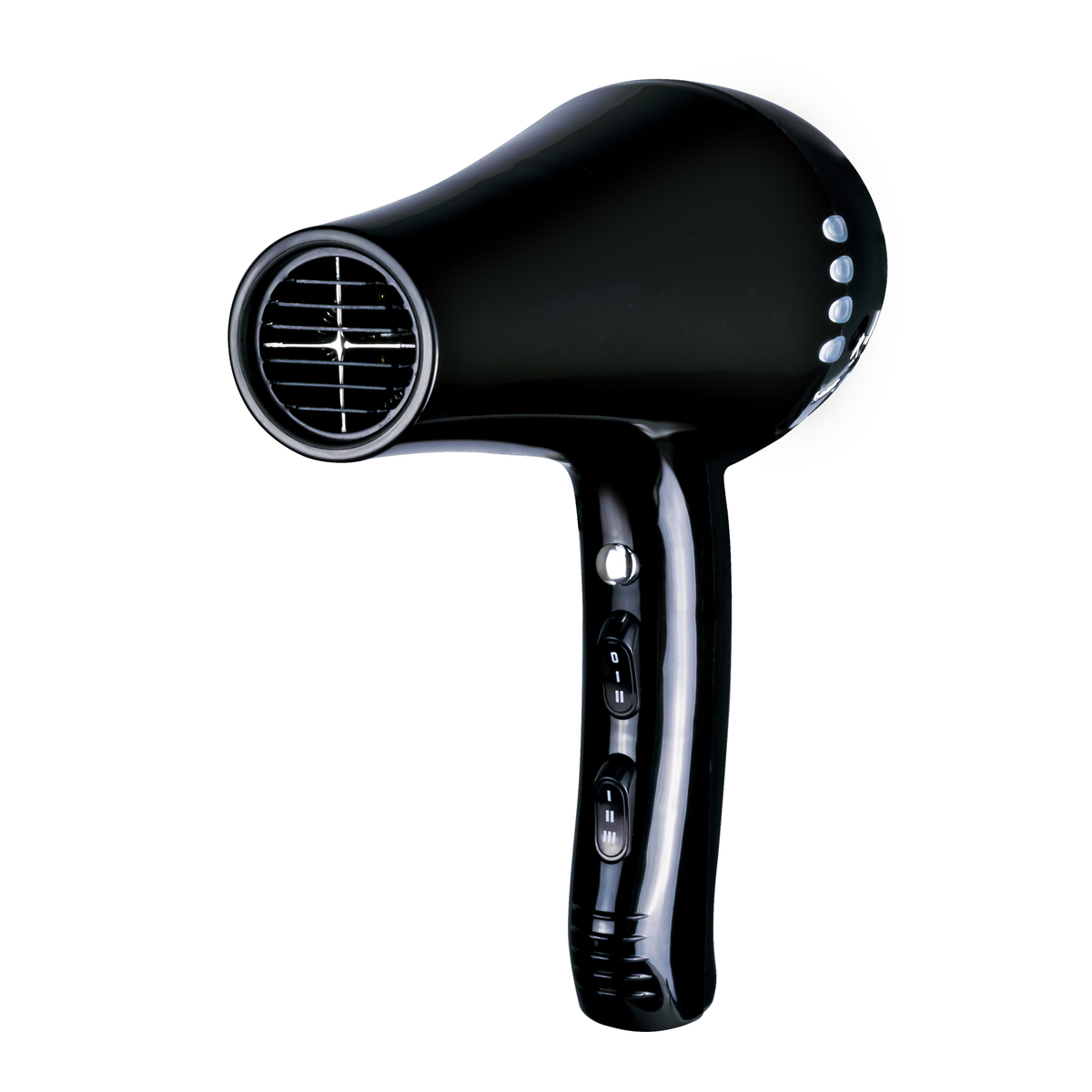Czarna suszarka do włosów z przyciskami i dyszą, wyizolowana na białym tle.