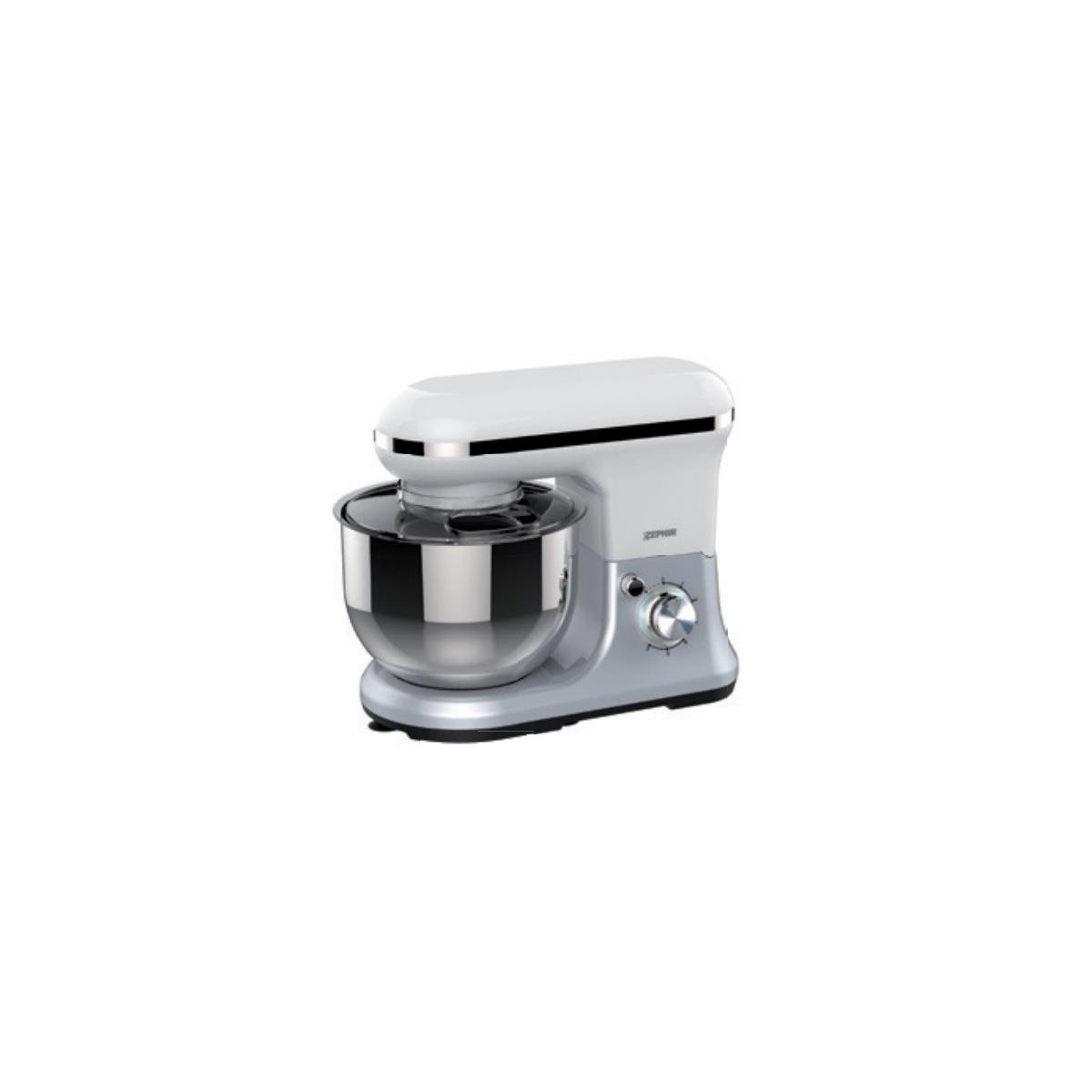 Impastatrice bianca e argento, ciotola in acciaio inox, sfondo bianco.