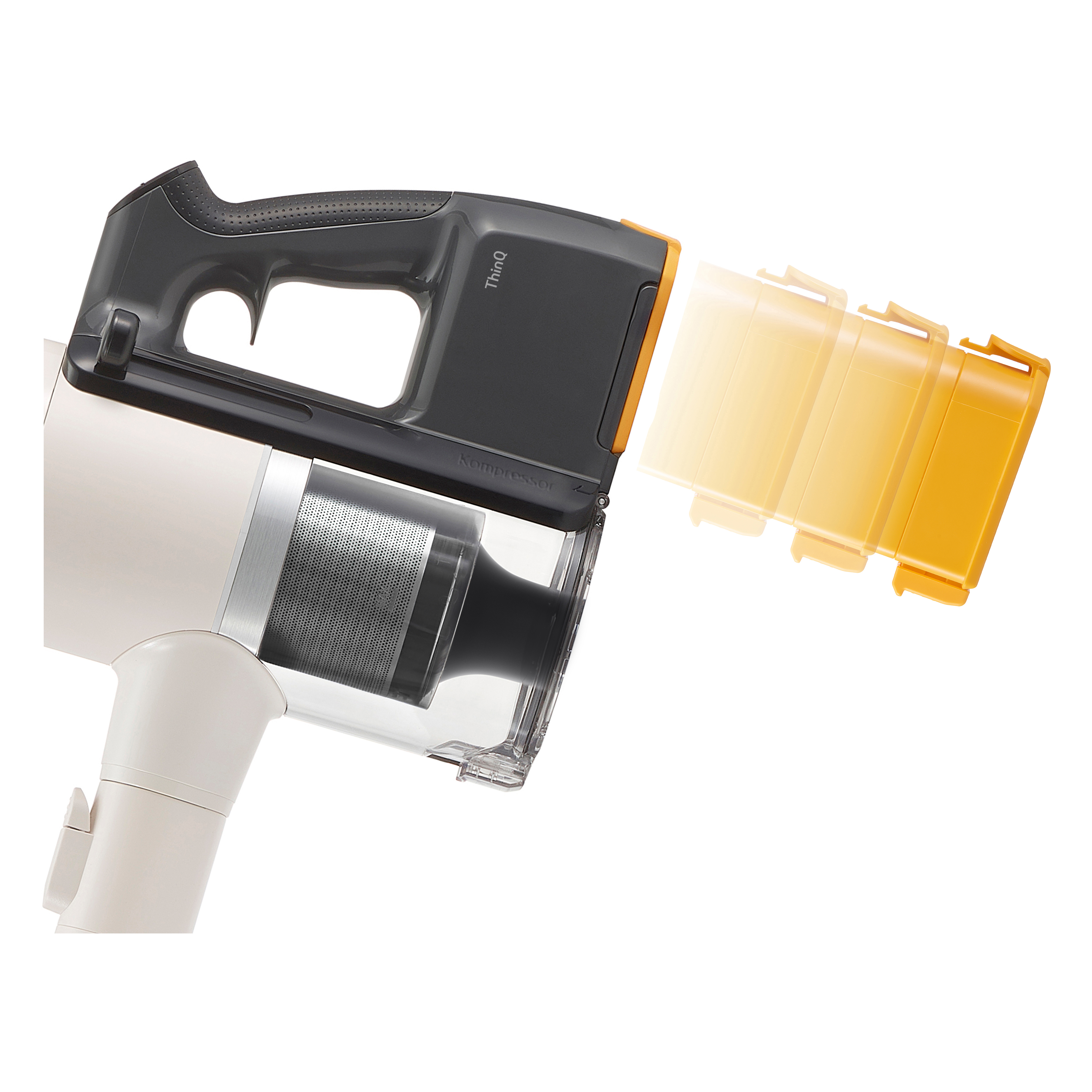 Aspirapolvere con filtro giallo staccato. Corpo bianco, manico nero, sfondo bianco.