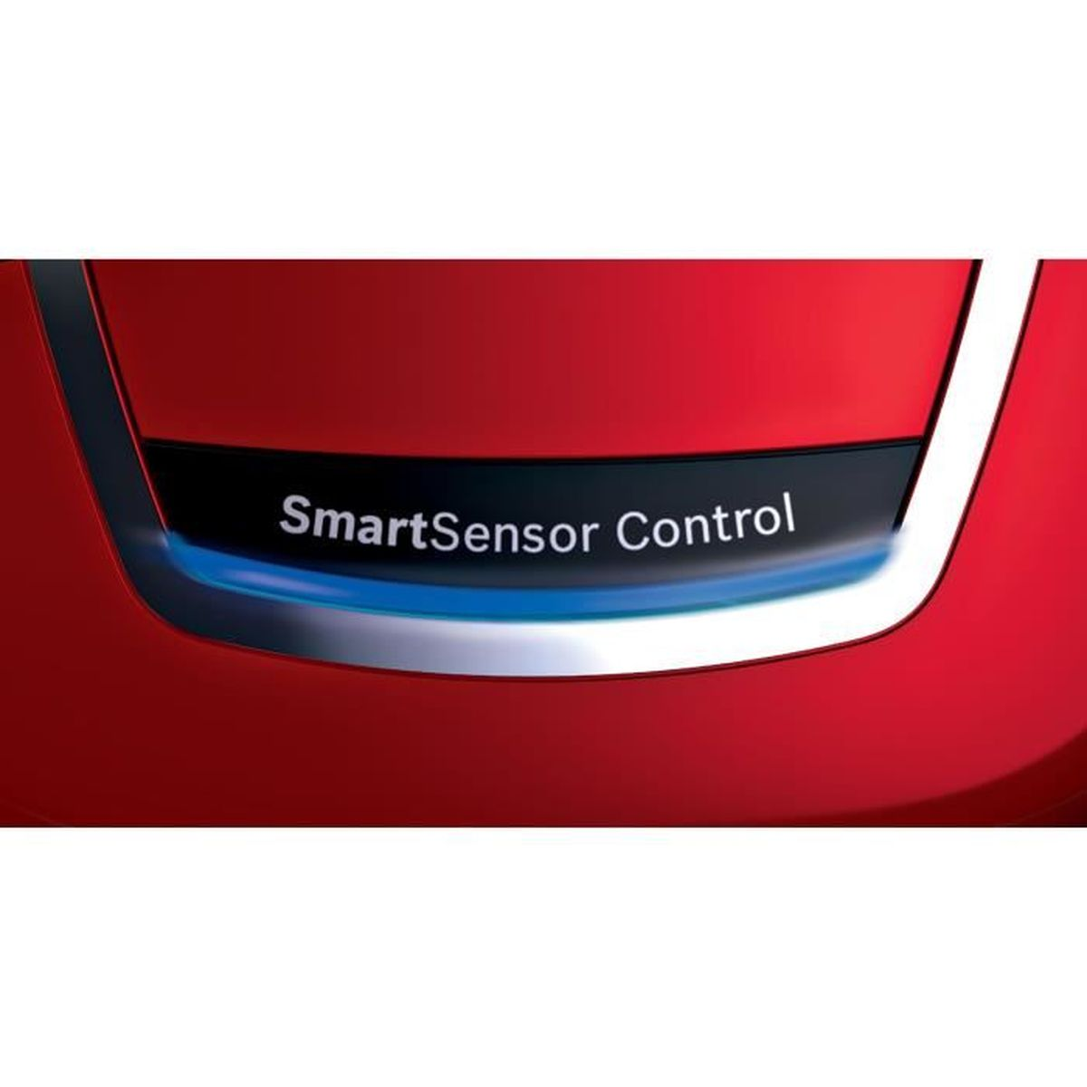 Czerwony panel z tekstem SmartSensor Control i niebieskim światłem.