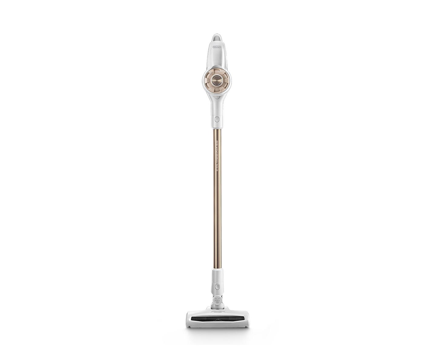 Aspirapolvere senza fili bianco e oro su sfondo bianco.