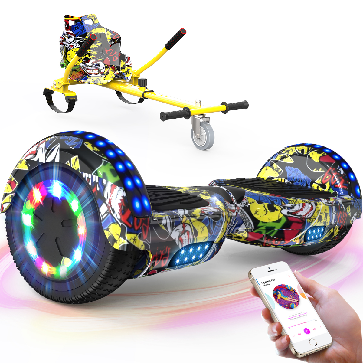 Ein Hoverboard mit Graffiti, Go-Kart-Aufsatz und Handy mit Musik.